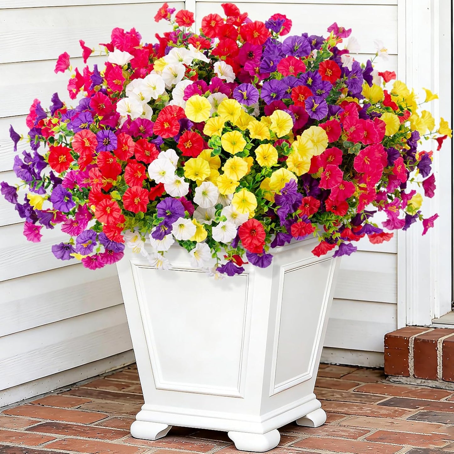 Artificial Flowers for Outdoors, 12 Bundles Fake Plastic Petunias Flower Plant, Faux UV Resistant Silk Morning Glory for Outside Planter Garden Front Porch Door Spring Summer Decor
