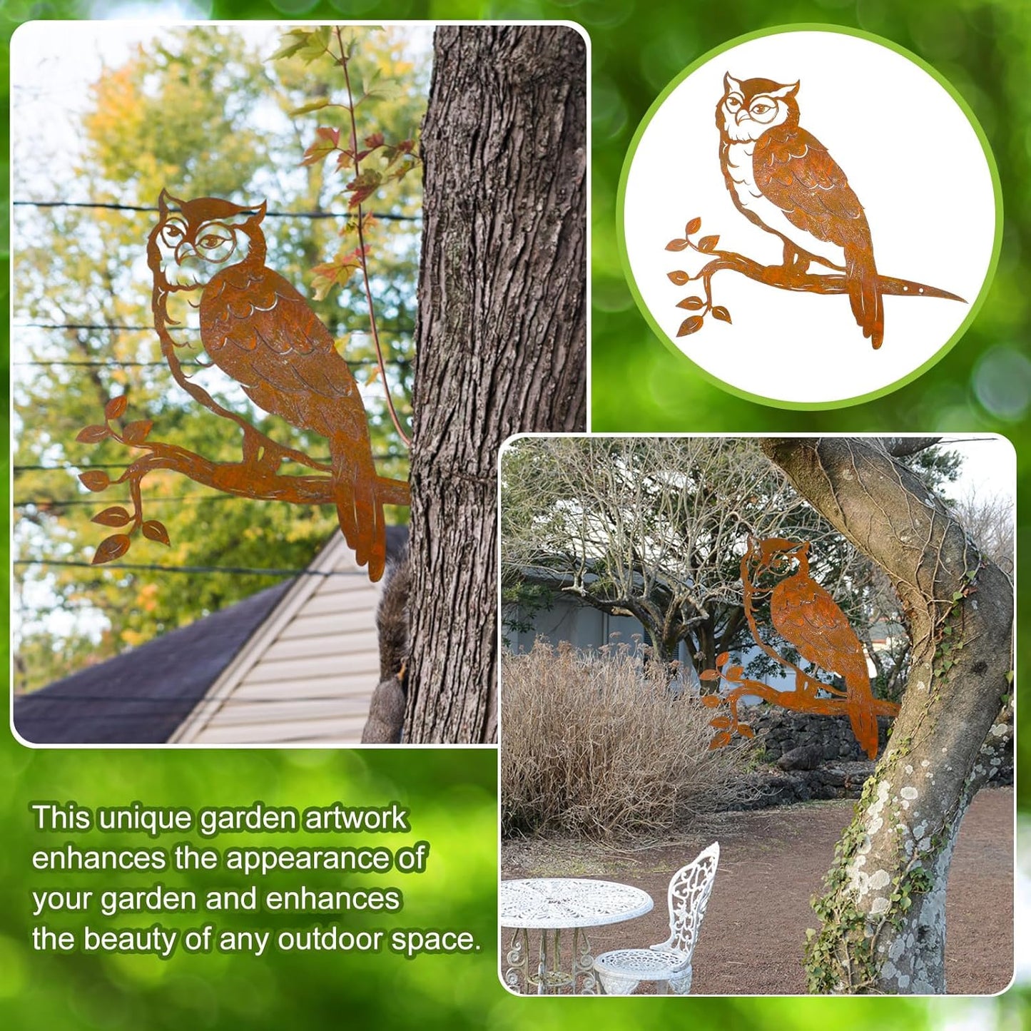 Rustic Copper Metal Owl Statue Outdoor Garden Decor Weather Resistant Rusty Metal Wall Art for Patio Lawn and Backyard Sculpture Gift