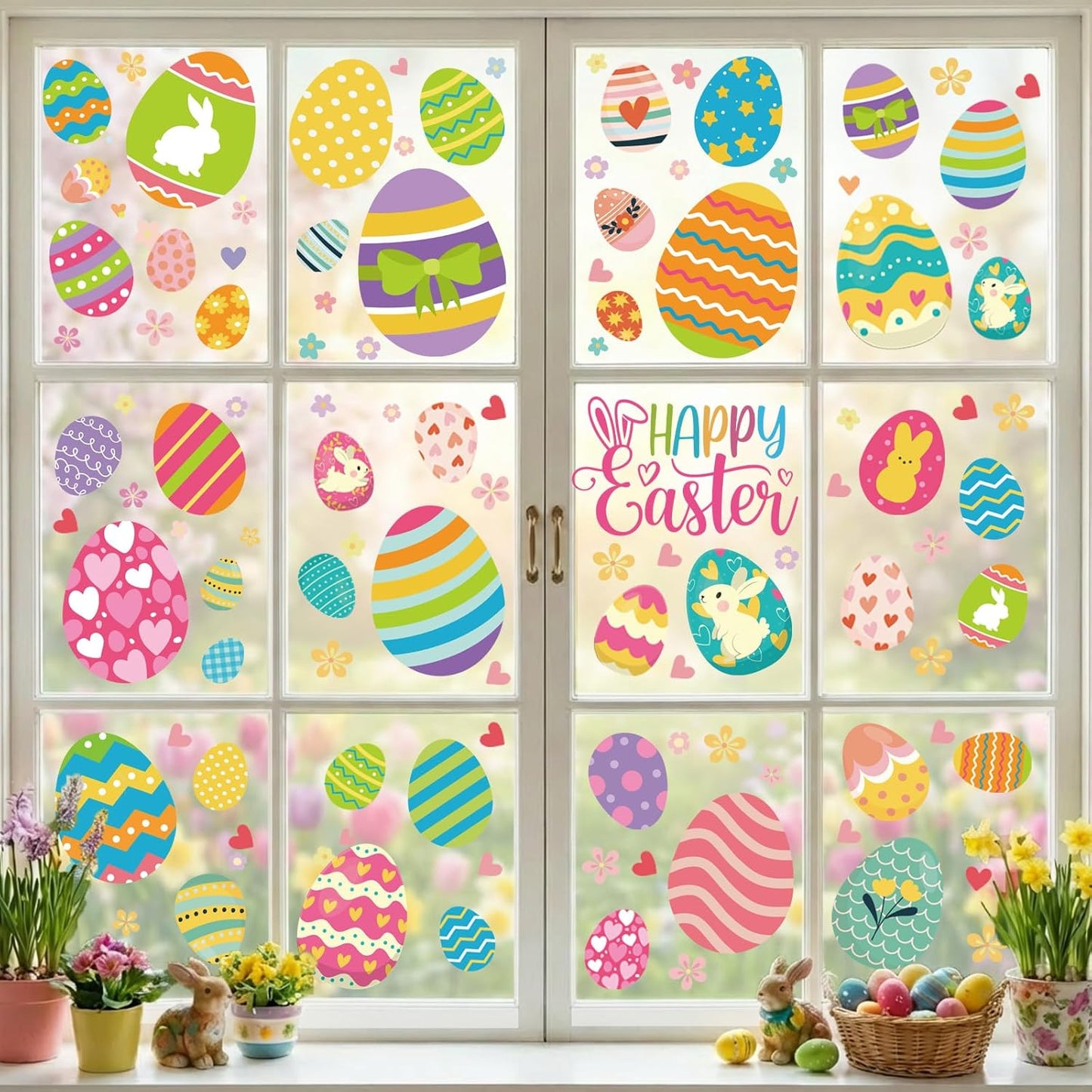 9 Sheets Easter Window Clings Decorations, Happy Easter Eggs Window Stickers for Home, Office, School, Bunny Rabbit Spring Decals Decor for Glass Doors