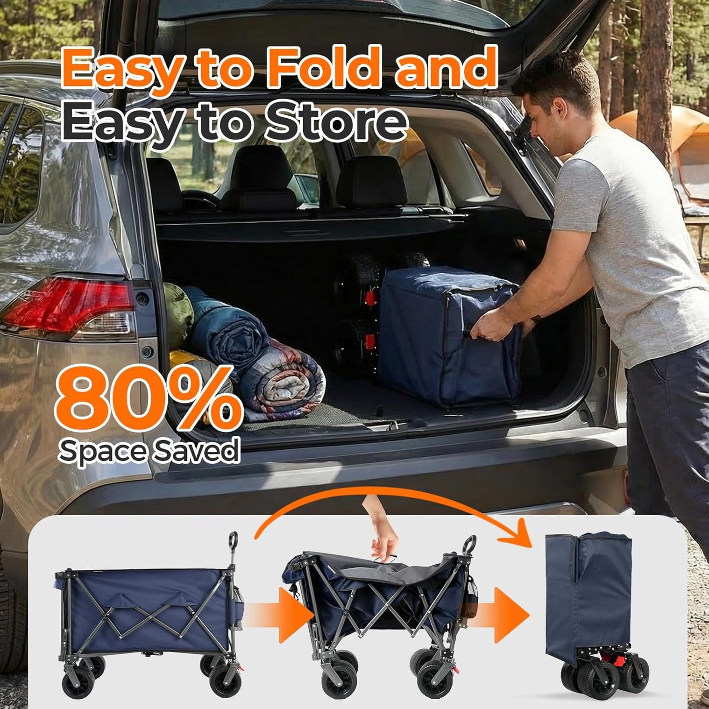 55" Collapsible Wagon with Tailgate & Brakes - 500LBS Heavy Duty Multi-Terrain Cart, 300L Foldable Utility Wagon with Cup Holders & Side Pockets for Beach Sand Camping Sports Shopping (Blue)