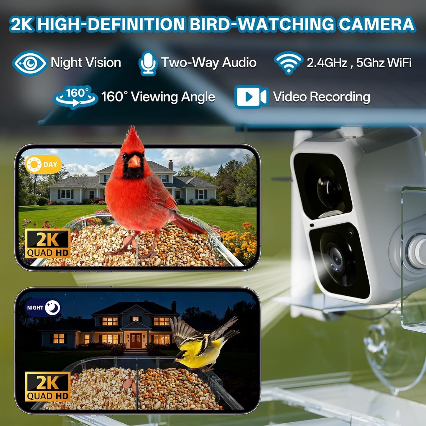 Smart Bird Feeder with Camera Solar Powered, 2.4Ghz/5Ghz WiFi Instant Notifications Smart Window Bird Feeder for Outdoor, 2K HD AI Identify Birds SpeciesGifts for BirdLovers Kids Grandparents