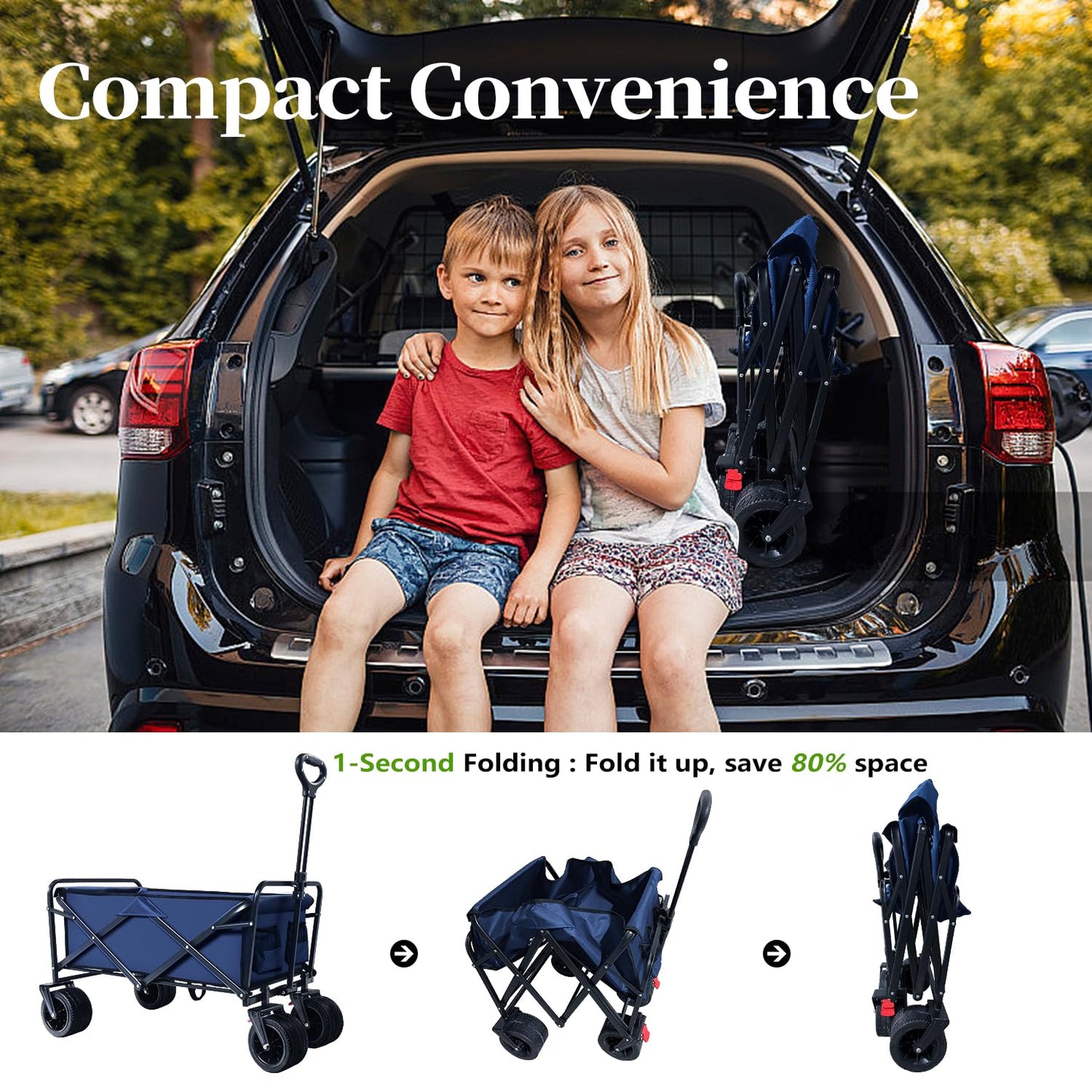 Collapsible Folding Wagon, Capacity 300lbs Heavy Duty Foldable Cart with Two Drink Holders, Portable Utility Grocery Wagon for Camping Shopping Sports, Blue