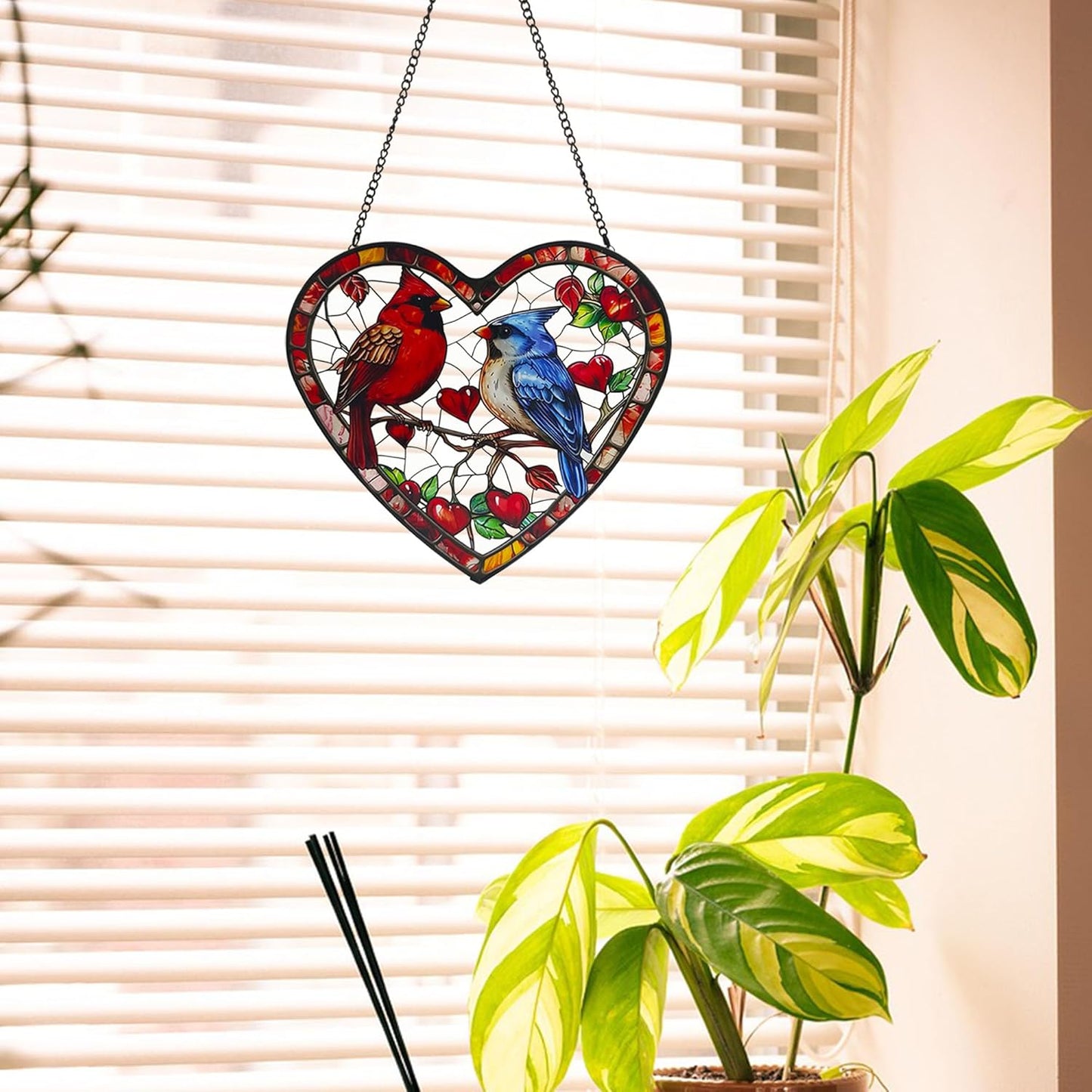 Heart-Shaped Stained Glass Window Hanging, 7.9 in Cardinal & Blue Jay Birds Sun Catcher Indoor Window Decor, Colorful Glass Art Panel for Home, Garden, Valentine’s Gift