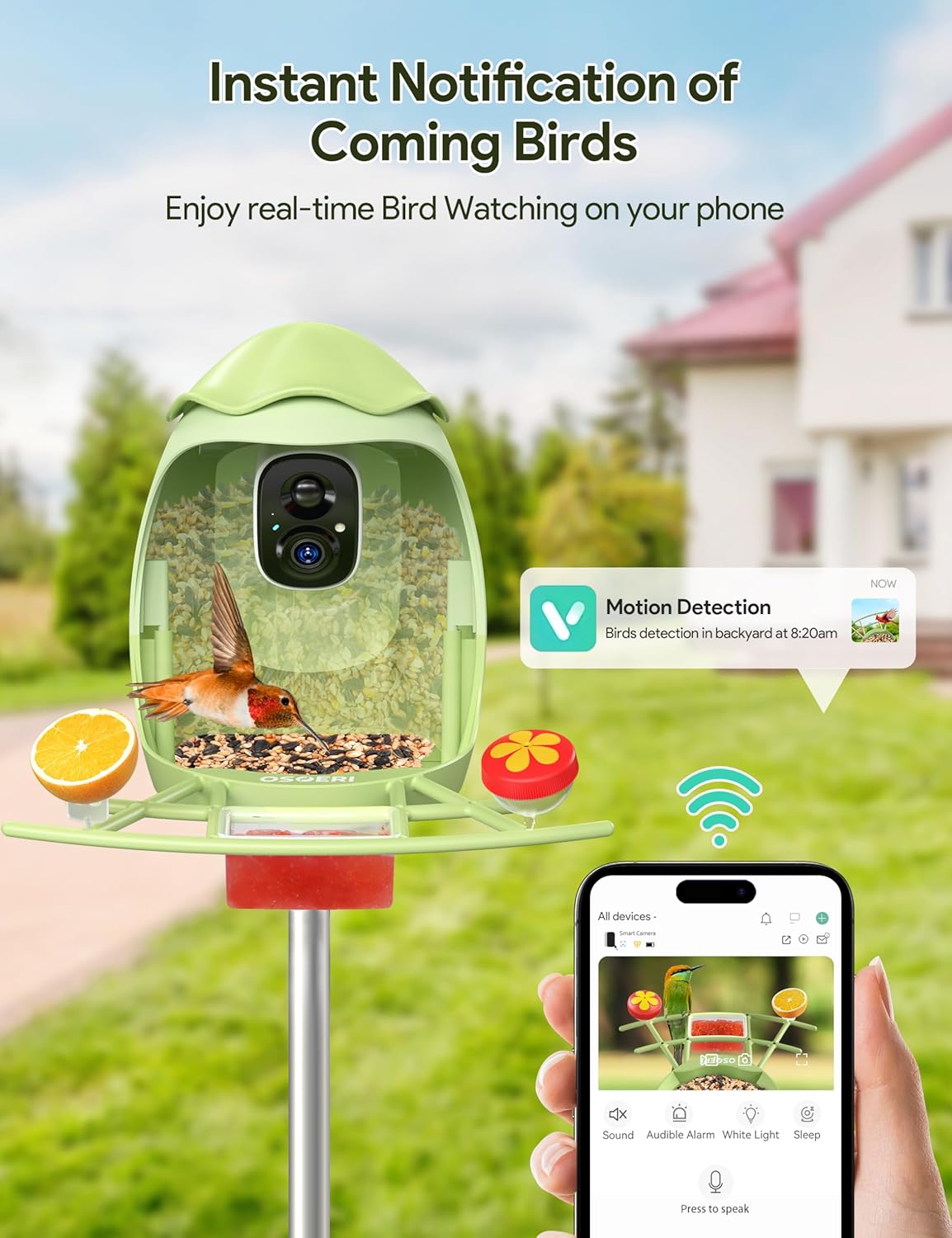 Osoeri AI Smart Bird Feeder with Camera - 2K HD Live Video & AI Identify Birds, Solar Powered Birdfeeder for Outdoors, 2.4GHz WiFi, Real-Time Alerts, Best Gifts for Bird Lovers & Families