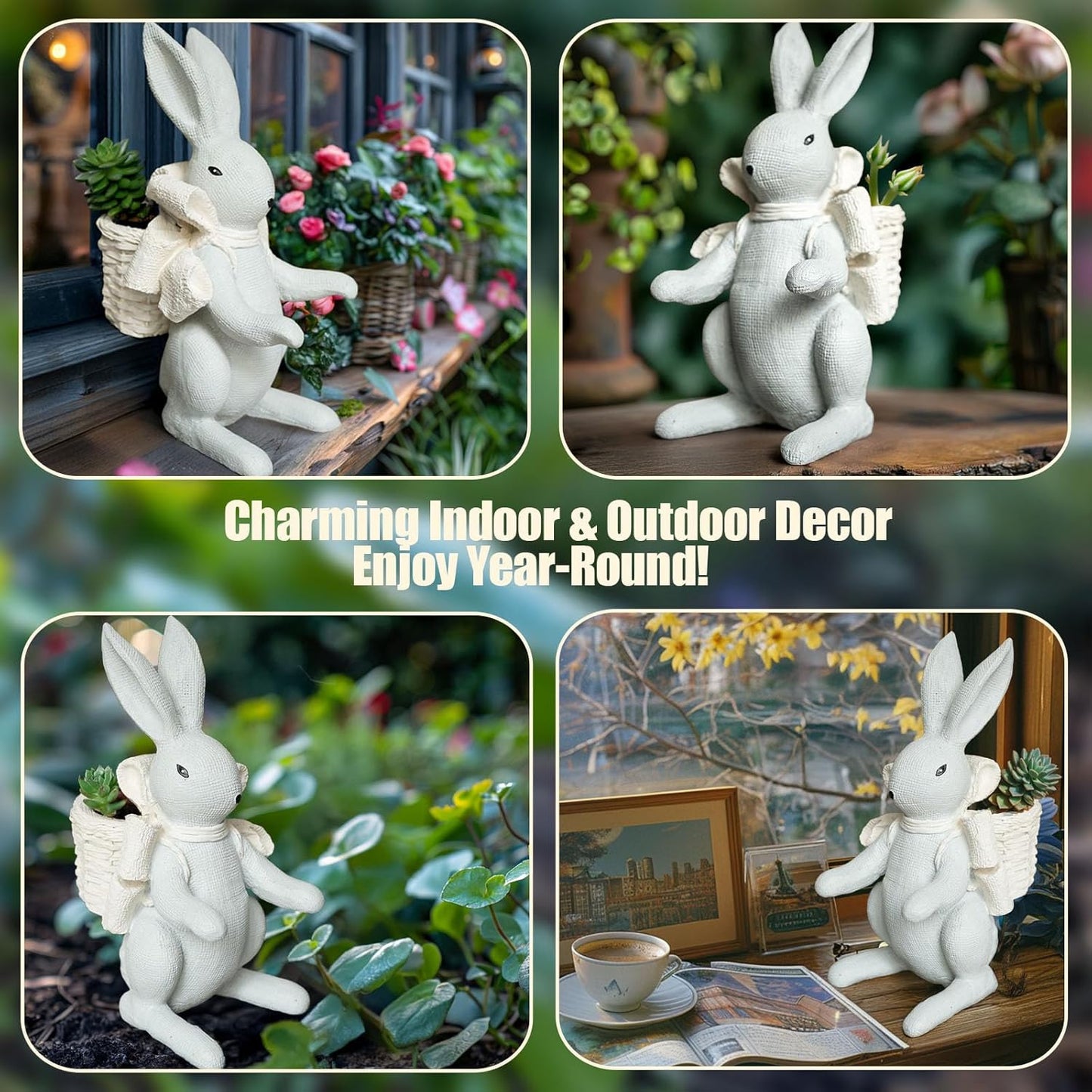 Rabbit Planter for Succulents – Indoor Outdoor Resin Bunny Flower Pot with Hollow Basket, Cute Garden Decoration for Real or Artificial Plants