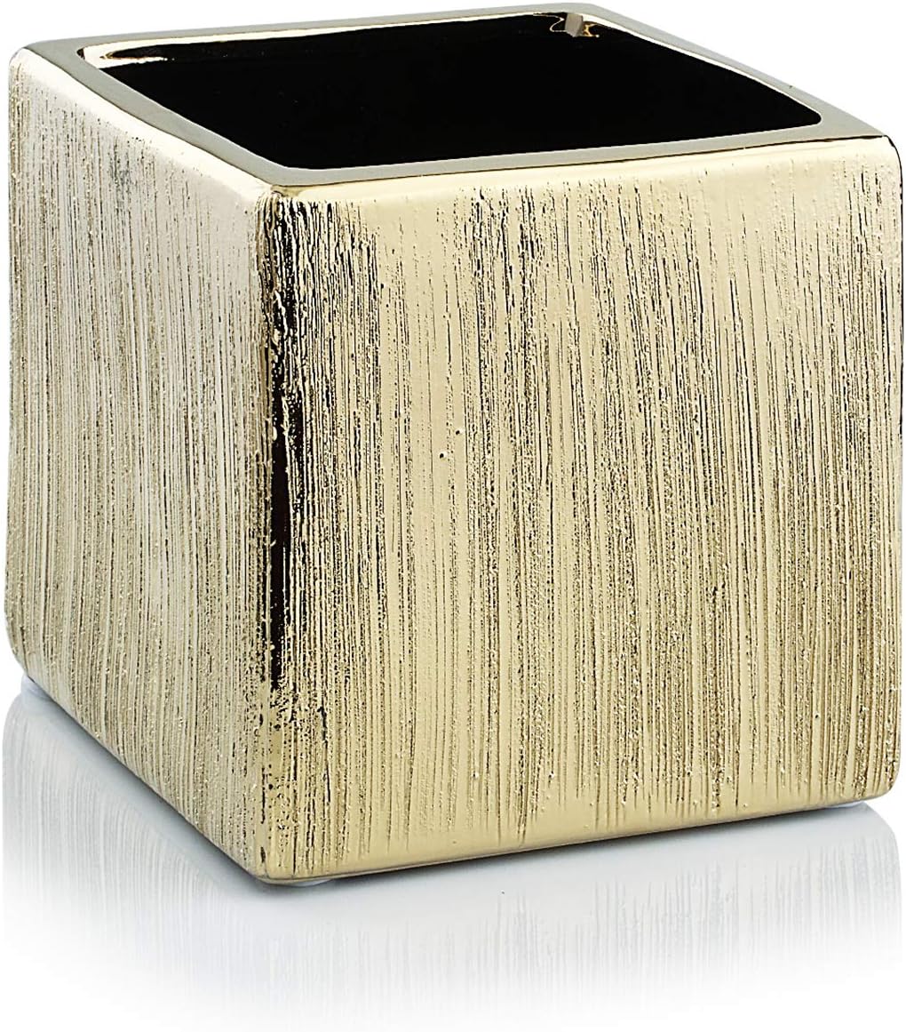 WGV Ceramic Cube Vase Width 4" Height 4" (Fits 3" Pot) Elegant Modern Block Square Floral Planter Terrarium Container Table Dresser for Event Accent Home Office Decor Gold Textured 1 Piece