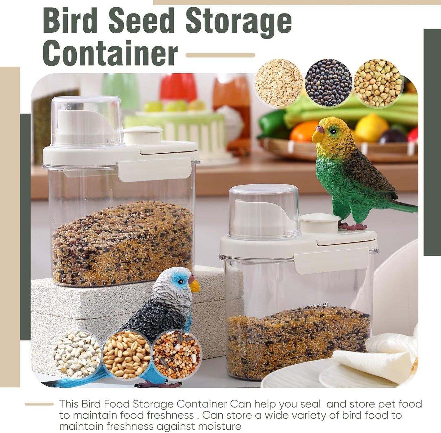 Maxdot 2 Pcs Bird Seed Storage Container 1.7 Qt/1.6 L with Tight Lids Airtight Cup Pet Food Storage Measuring Containers Lids with Pouring Spouts for Macaws African Grey Cockatoos(Beige)