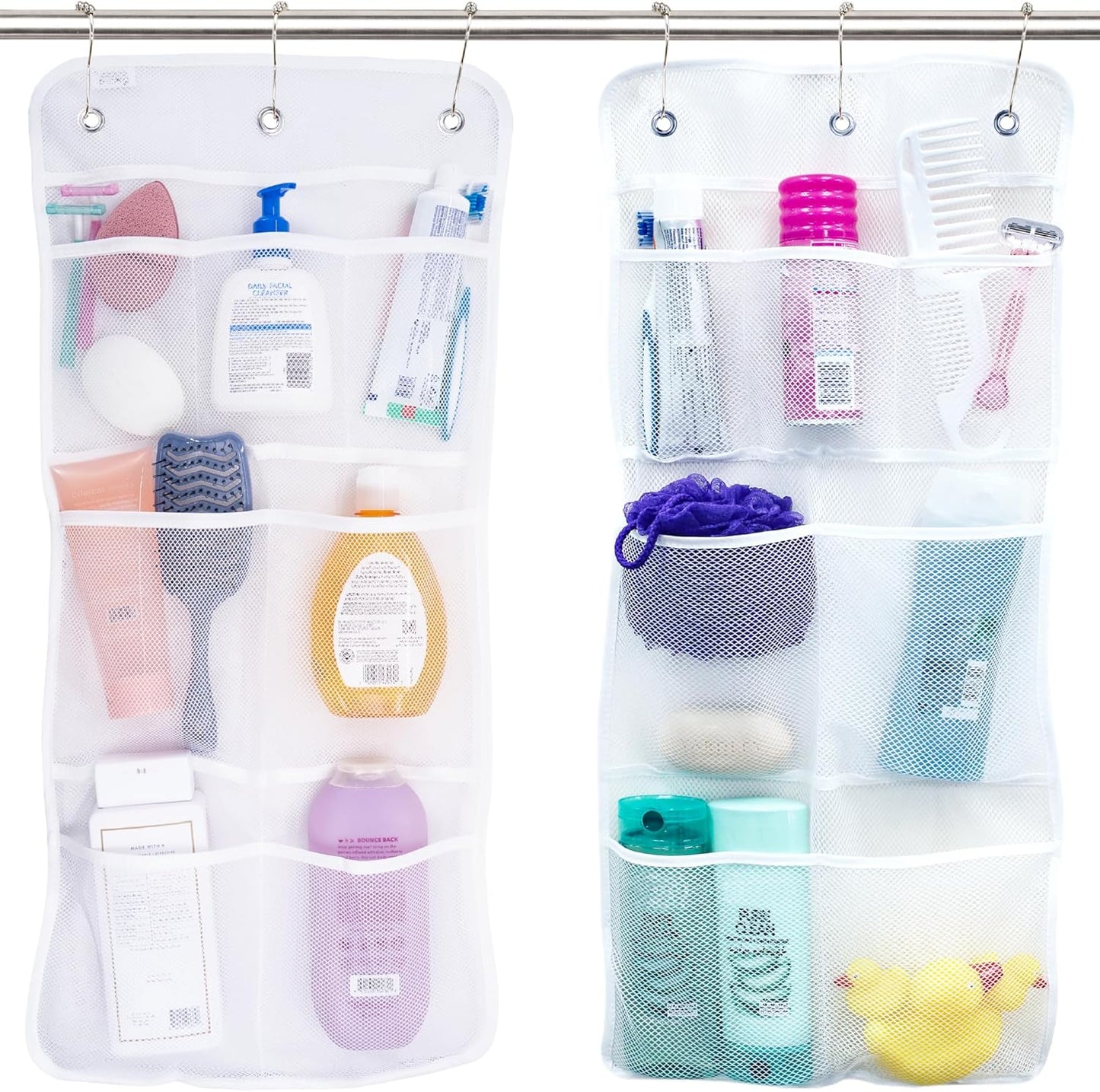 S&T INC. Shower Organizer, Shower Caddy or Bathroom Organizer with Quick Drying Mesh, 7 Pockets to Hold Shampoo, Soap, Loofah, and Cruise Ship Essentials, 14 Inch by 30 Inch, White, 2 Pack