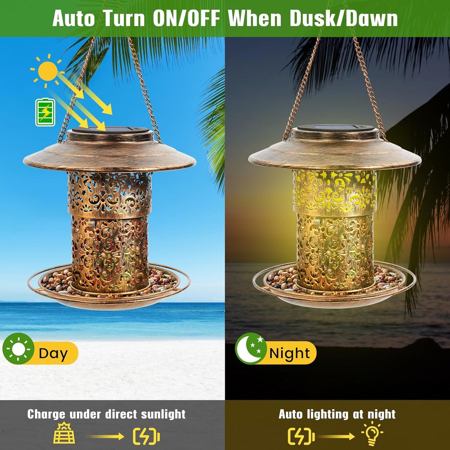 Metal Bird Feeder for Outdoor Hanging, Large Capacity Solar Wild Bird Feeder with Drainage Holes,Landing Ring, Solar Lanterns for Garden Decoration, Unique Bird Watching Gift for Outside