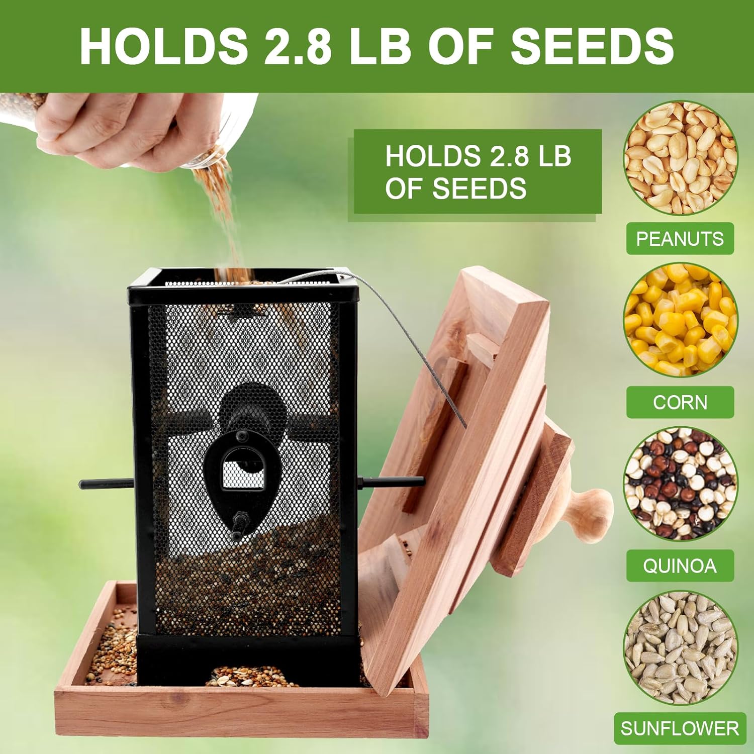 Cedar & Metal Mesh Bird Feeder for Outdoors Hanging Mount Large Capaci