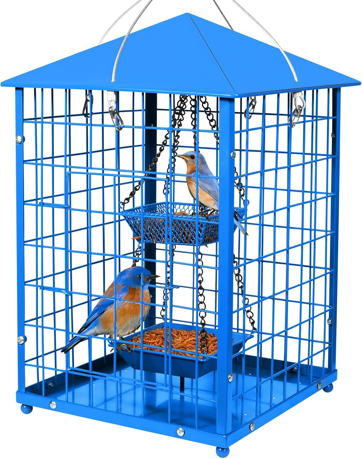 Bluebird Feeders Squirrel-Proof, 7 lbs, Large Heavy Metal Caged Mealworms Blue Bird Feeders for Outside, Weatherproof Wild Bird Feeder,2 Layer Seed Cups(Blue)