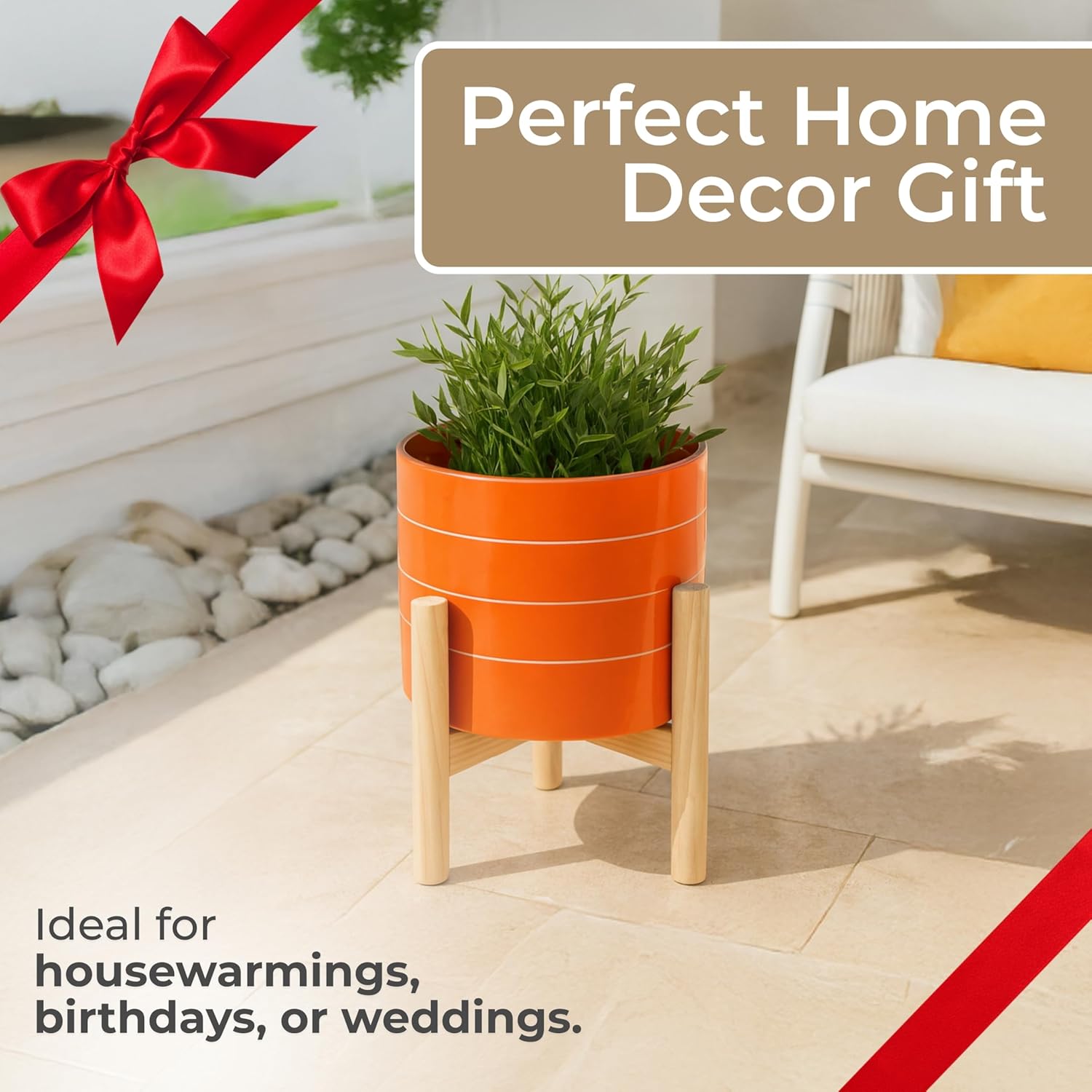 Striped Decorative Planter Pot with Wood Stand – Vibrant Ceramic Stone