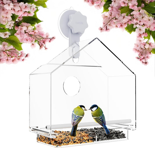 Window Bird Feeder with Ultra Strong Suction Cup - Large Clear Acrylic Weatherproof Birdhouse (Heavy Duty Suction Grip)
