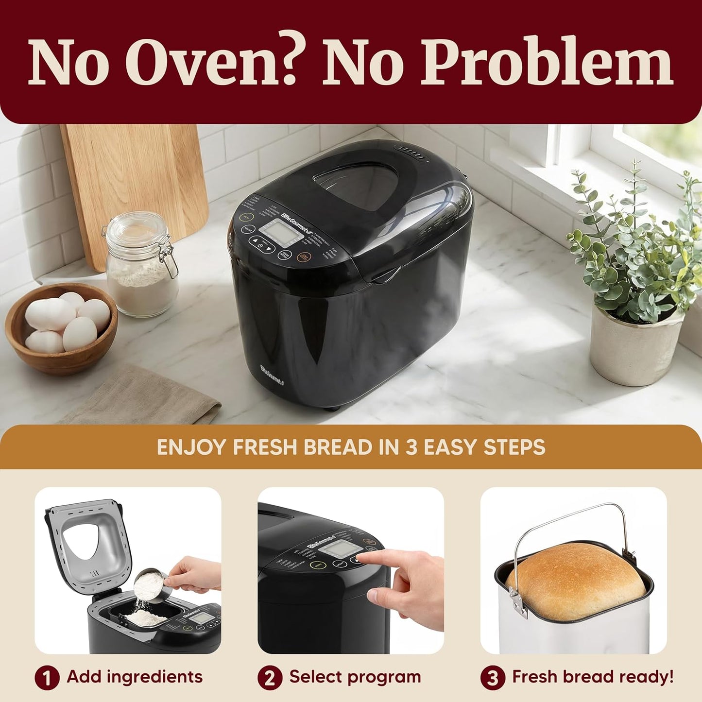 Elite Gourmet Programmable Bread Maker, 2 lb Loaf, 3 Sizes, 19 Presets