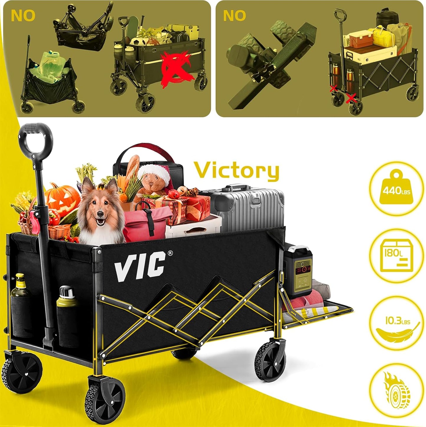 VIC Collapsible Folding Wagon Extra Long Extender Wagon Cart,Beach Wagons Cart Heavy Duty Foldable, Utility Grocery Car with Side Pocket for Camping Garden Sports, V1