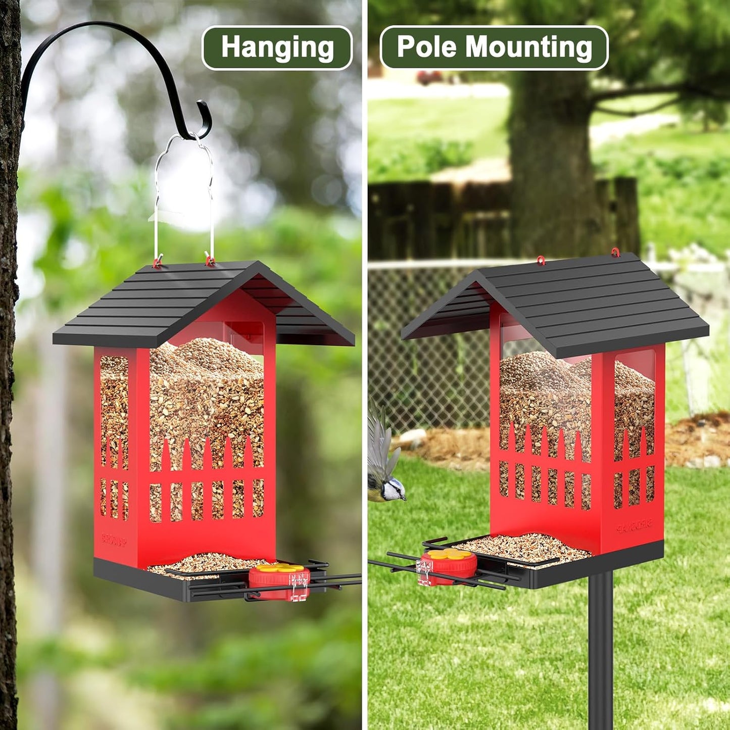 birdsnap® PHE - Bird Feeder House, 3.4L Metal Bird Feeders for Outside Hanging, 2-in-1 Hummingbird Feeder Weatherproof Large Capacity for Garden Feather Watching