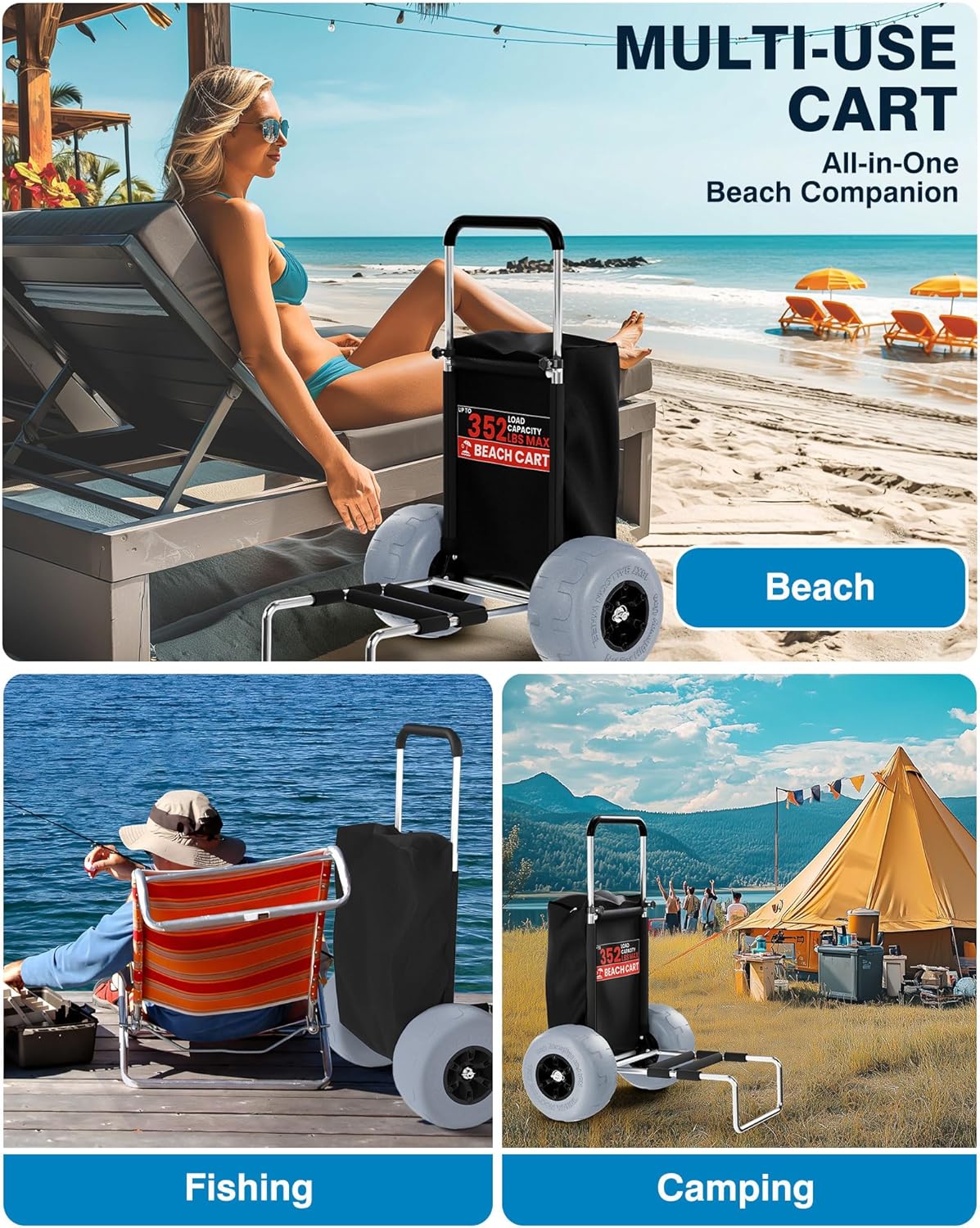 PYY Beach Cart for Sand - Foldable Aluminum Wagon Dolly Buggy with Big Balloon Wheels for Outdoor Camping Shopping Fishing with 352 Lbs Capacity, 13" Large Rolling Tires, Collapsible Storage Bag