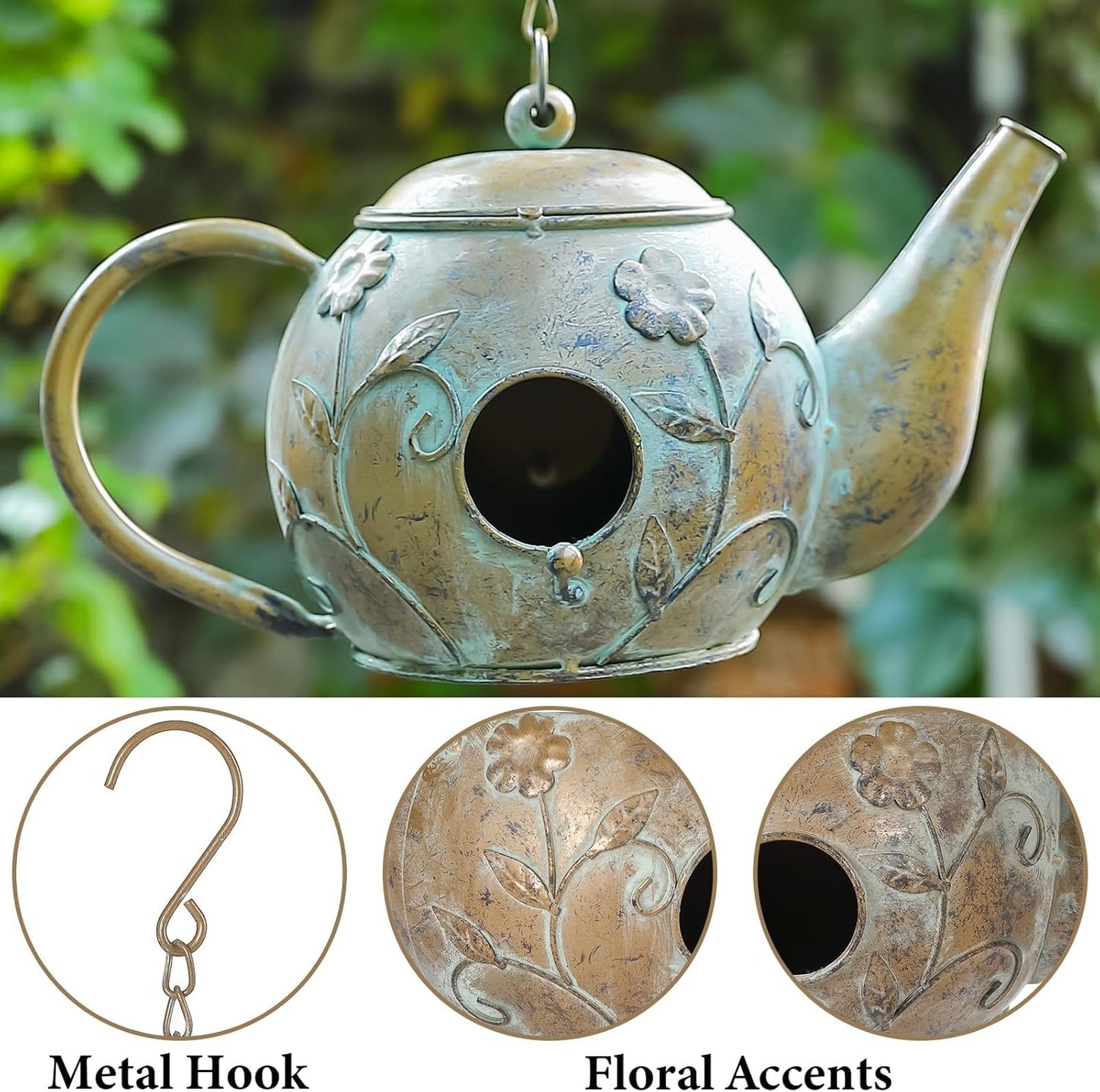 Bird House, Teapot Hanging Bird House, Metal Bird Houses for Outside, Antique Cute Birdhouse, Unique Decorative Birdhouses for Outdoors Garden Patio Yard Lawn Backyard Decor
