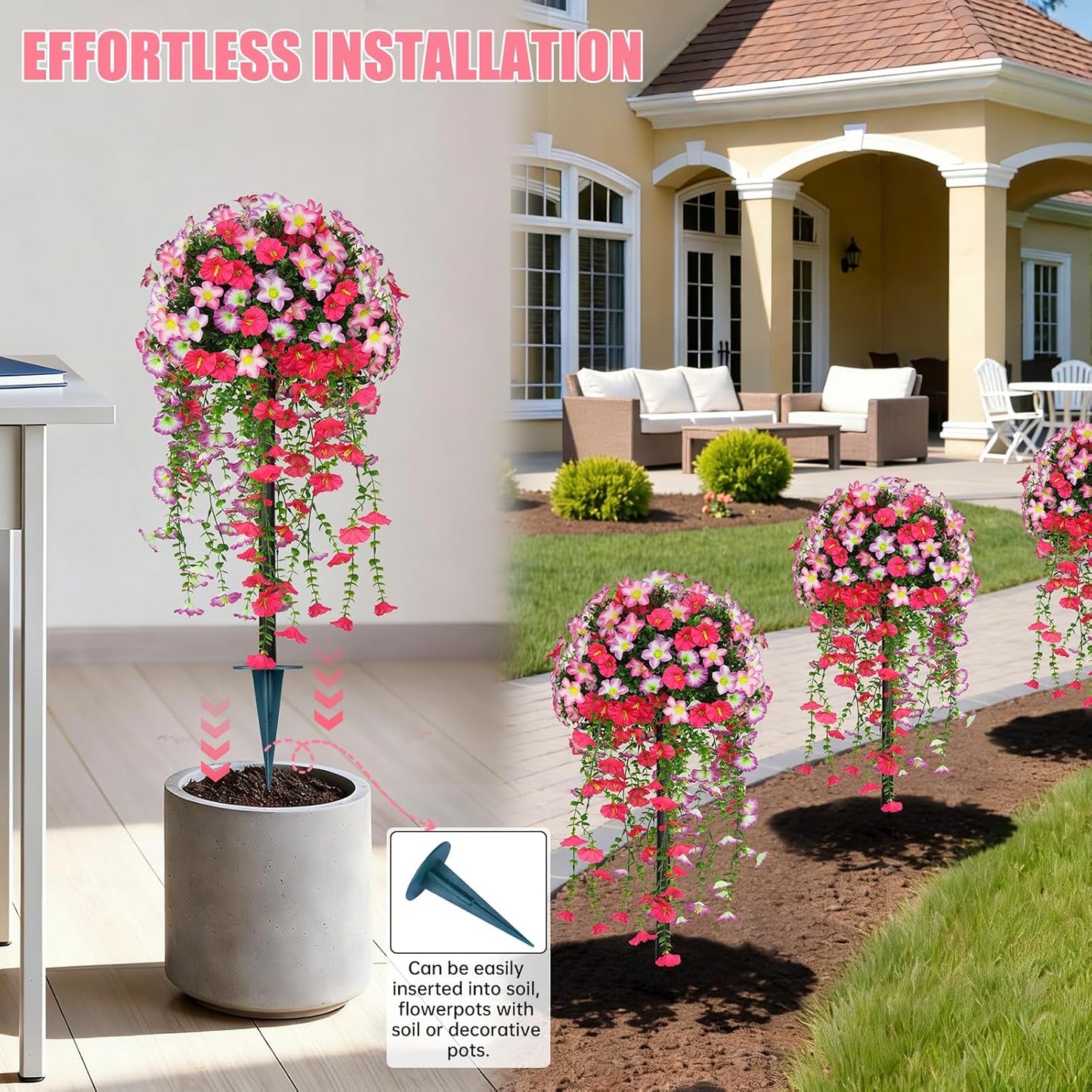 Artificial Topiary Ball Trees with Pink Morning Glory Flowers, 3FT Faux Outdoor Plants Artificial Bushes Set of 2 with Ground Spike, UV Resistant Fake Shrubs for Front Porch Garden