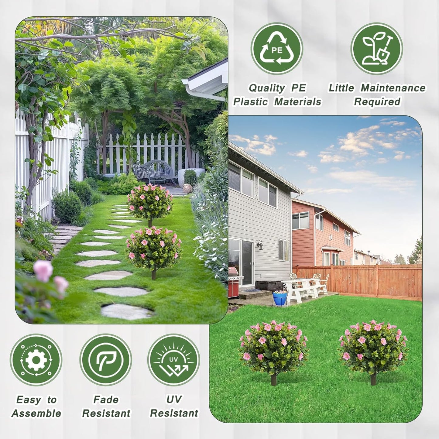 Set of 2 Artificial Pink Camellia Eucalyptus Tree Garden Stakes 20" Height, UV Resistant Faux Floral Bushes with Metal Spikes, Realistic Fake Plants for Porch, Patio, Yard, Garden Outdoor Decor