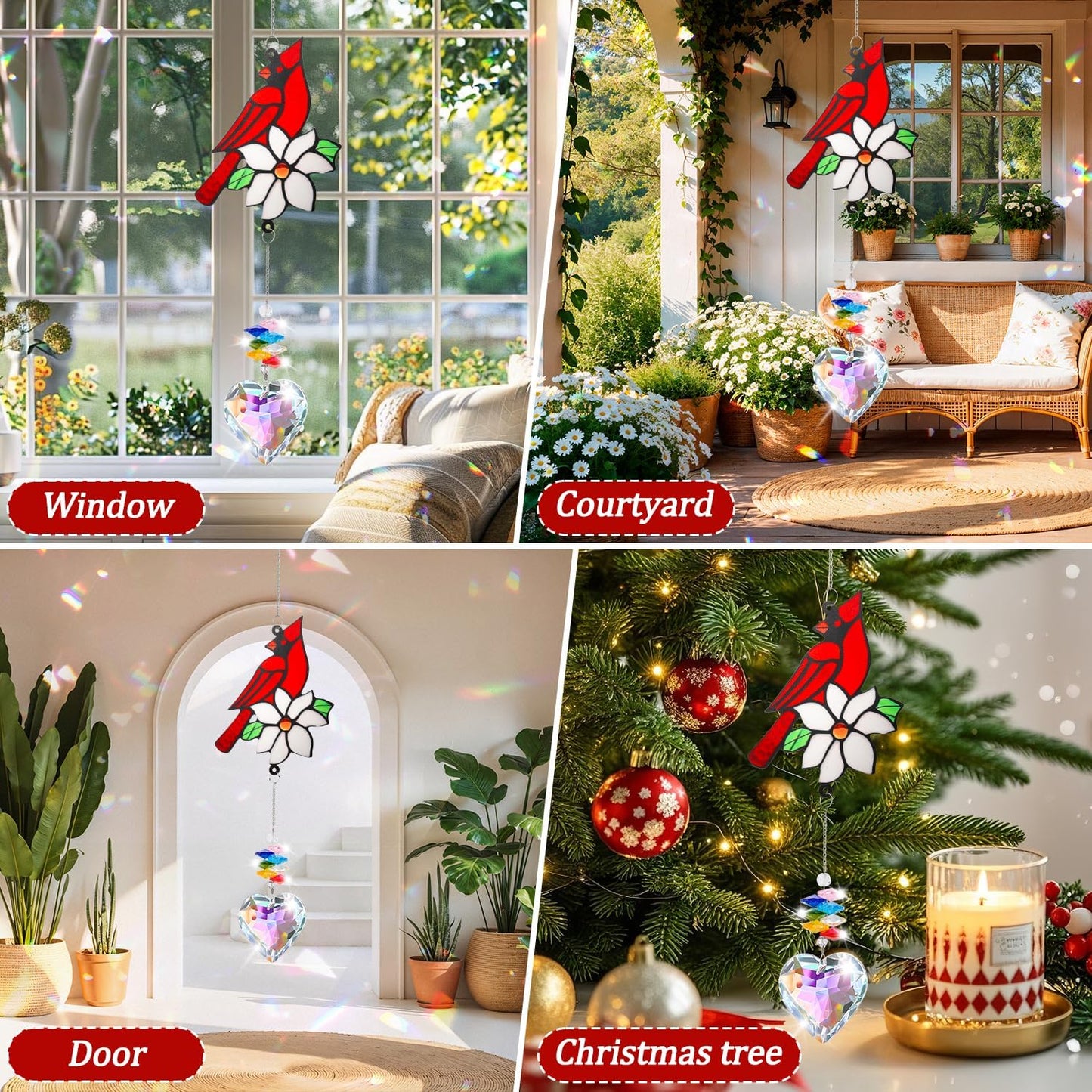 Red Cardinal Bird Window Sun Catcher – Valentines Day Handmade Bird Lover Window Hanging Décor with Suction Cups for Home & Garden - Memorial Cardinal Gifts for Women, Mom,Grandma (A)