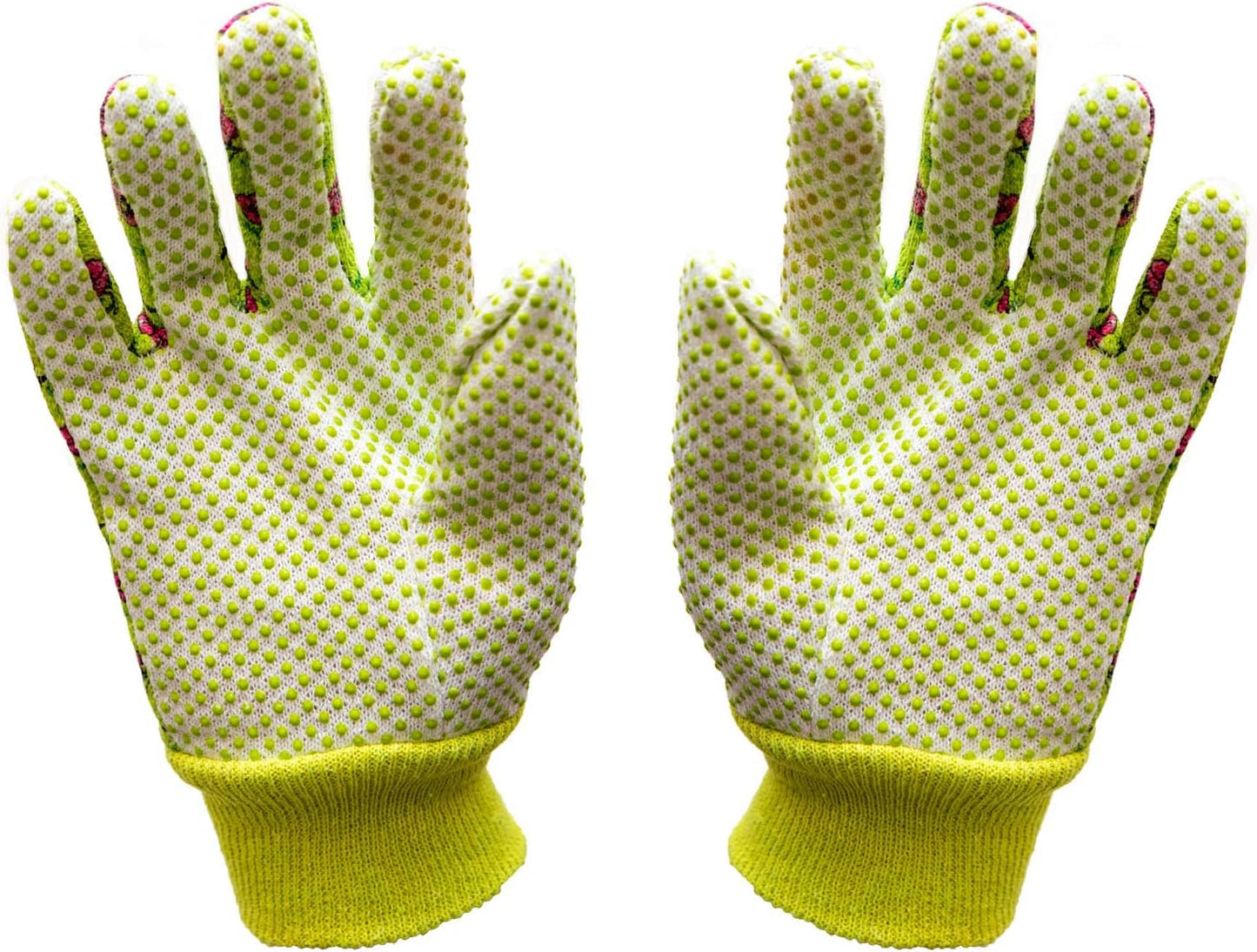 Women's Gardening Gloves, Soft Cotton Jersey, Floral Print, PVC Dot Grip, Comfortable & Durable Multi color Green, Red, Blue