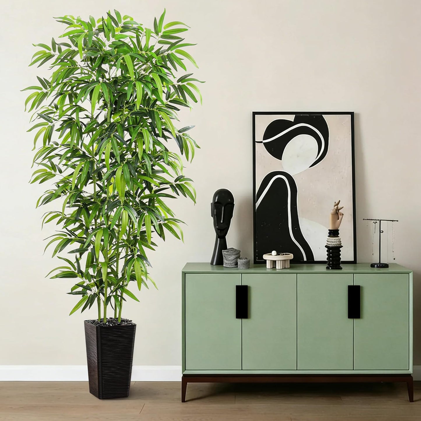 Artificial Bamboo Tree, 6FT Fake Plants Faux Bamboo Plant with Black Square Planter, Artificial Trees Faux Silk Plant with 3 Trunks & Green Lush Leaves for Home Office Indoor Outdoor Decor