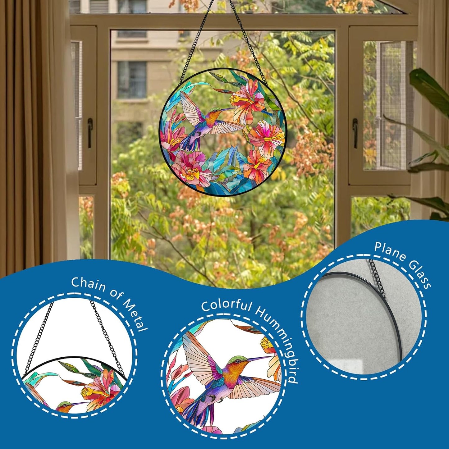 Hummingbird Stained Glass Suncatcher - 7.87" Real Glass Window Hanging with Metal Chain, for Indoor Outdoor Home Garden, Gift for Bird Lovers