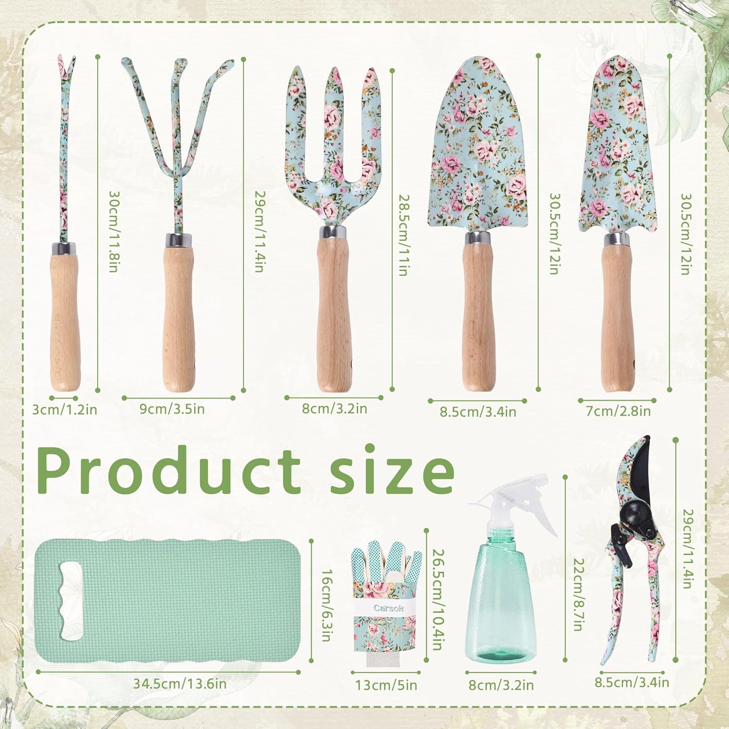 10-Piece Floral Garden Tools Set with Tote Bag, Heavy Duty Gardening K