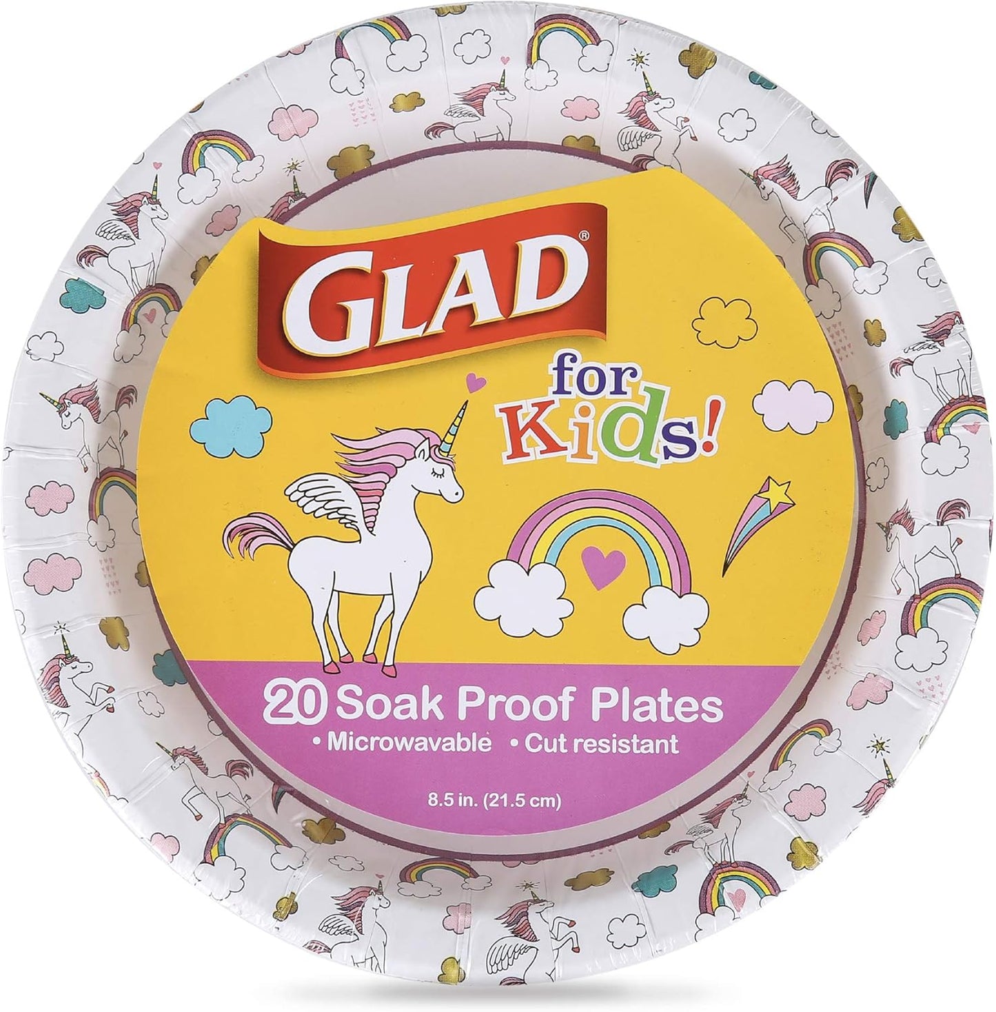 Glad for Kids Unicorn Theme Kids Plates, Heavy-Duty Round Disposable Paper Plates with Soak-Proof Coating, Microwave Safe for Snacks & Meals, Cute Unicorn Print, 8.5 Inch, 20 Count