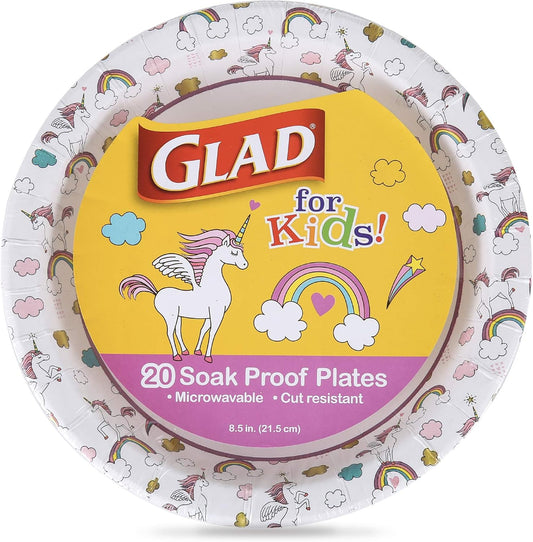 Glad for Kids Unicorn Theme Kids Plates, Heavy-Duty Round Disposable Paper Plates with Soak-Proof Coating, Microwave Safe for Snacks & Meals, Cute Unicorn Print, 8.5 Inch, 20 Count