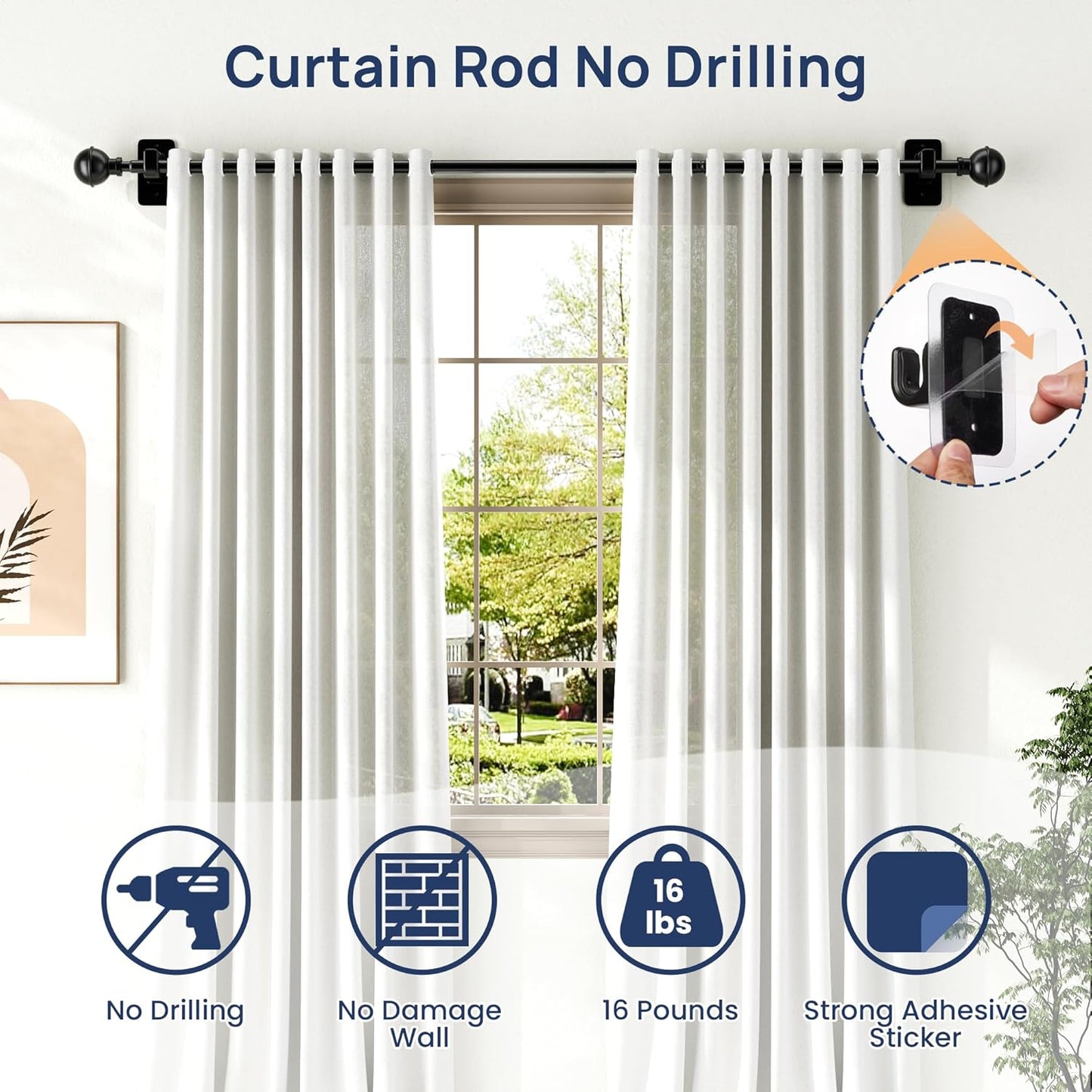ENJOYBASICS No Drill Curtain Rods for Window 28 to 47 Inches, 5/8 Inch Diameter Renter Friendly Drapery Rod with Adhesive Brackets without Drilling, Adjustable from 27 to 52 Inches, Black