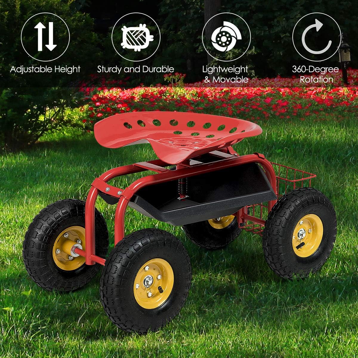 Squareful 4 Wheels Garden Cart, Patio Rolling Workseat w/Tool Tray, & Storage Basket, Outdoor Wagon Scooter for Planting, Rubber Tires & Adjustable Height for Lawn, Garden, Patio, Backyard (Red)