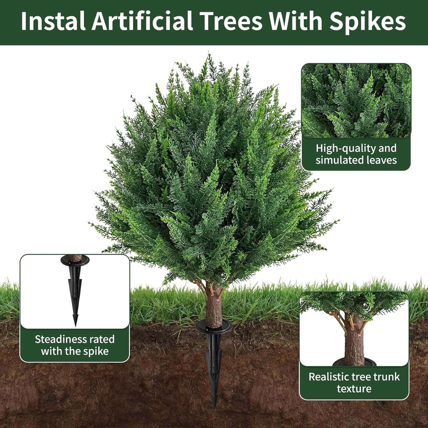 24.5Inch Artificial Cedar Topiary Ball Trees Set of 4 - UV Resistant Faux Shrub Bushes with Ground Spike, Indoor/Outdoor Artificial Plants for Front Porch, Garden, Patio & Planters
