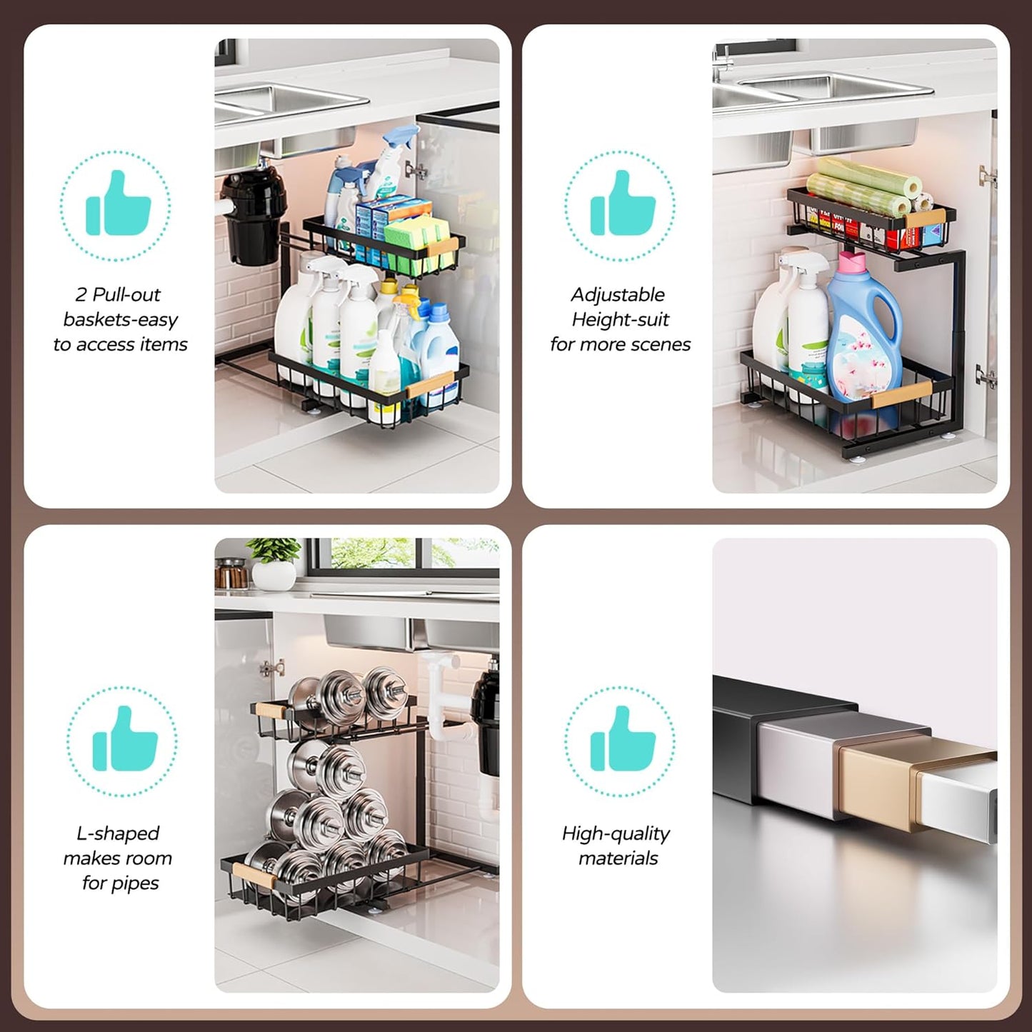 ADBIU Under Sink Organizer 2 Pack, 2 Tier Pull Out Cabinet Organizer with Expandable Height (13.2"-17.2"), Slide Out Metal Storage Shelves for Kitchen, Bathroom, Pantry and Under Cabinet