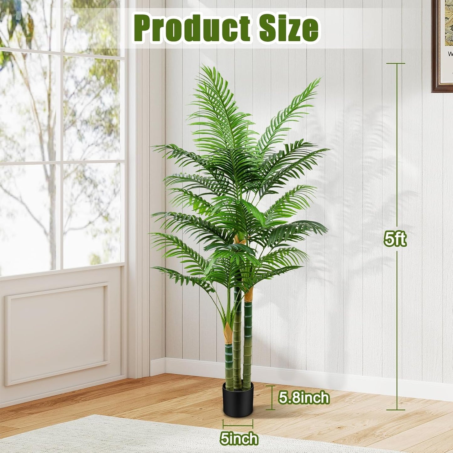 5ft Tall Golden Cane Artificial Tree Palm Outdoor, Large Artificial Plants Outdoor Faux Palm Tree with 3 Textured Trunks, Fake Tree for Indoor Outdoor Office Living Room Outside Patio