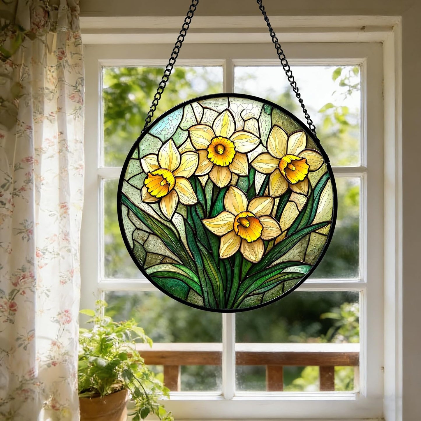 Stained Glass Window Hanging, Daffodil Plant Flowers Sun Catchers Diamond Glass Panel Hangings Suncatcher Decor for Birthday for Women, Men, Wife, Aunt, and Mom 6.3 in