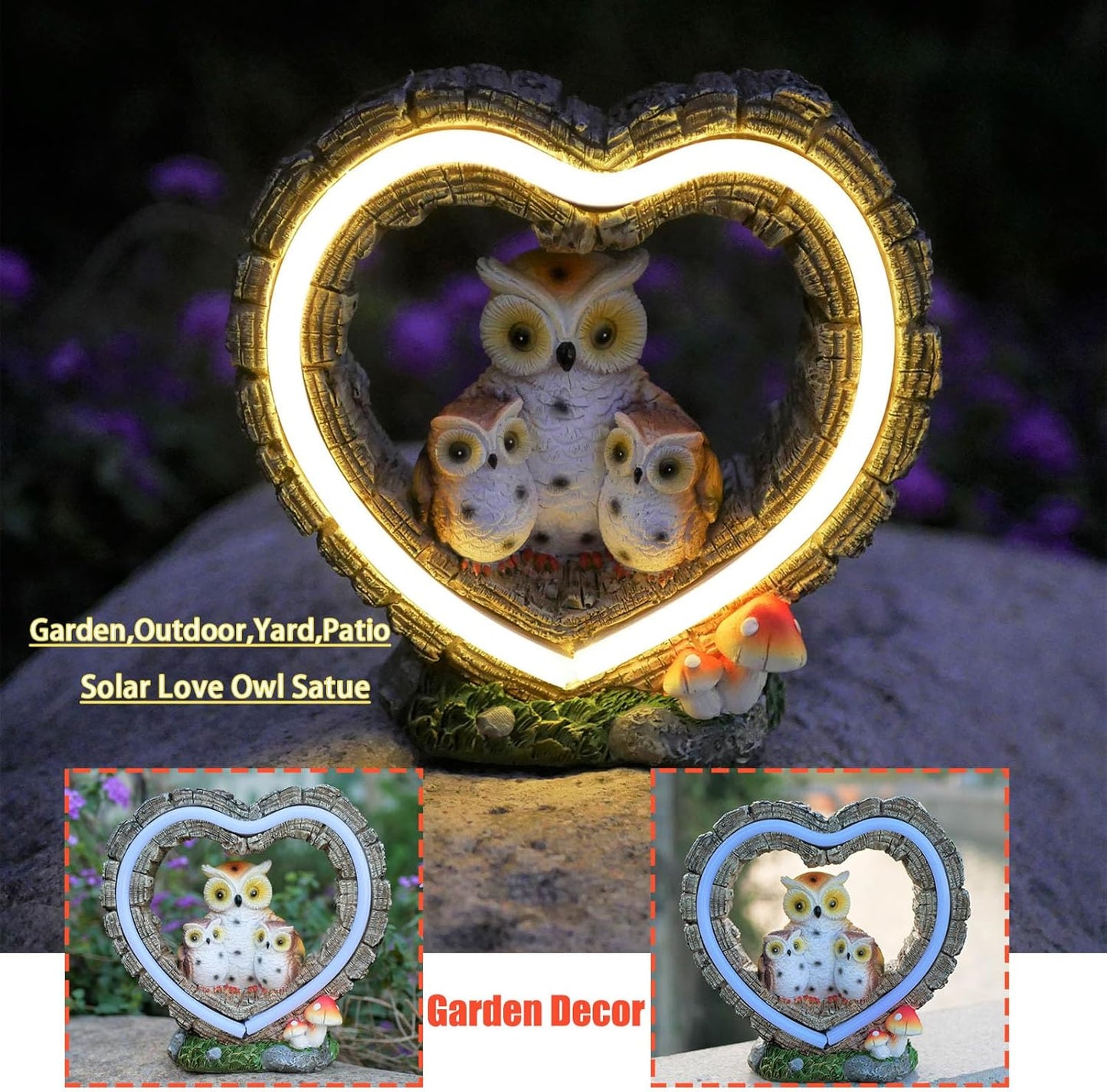 Solar Owl Garden Statue, Outdoor Waterproof Handmade Resin Statue Solar LED Lights, Warm Owl Family Decoration, Suitable for Roads, Yards, lawns