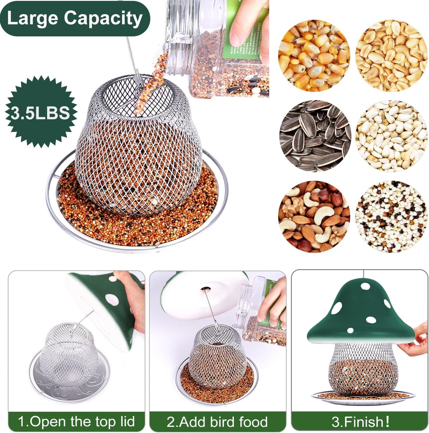 Green Mushroom Bird Feeders, Bird Feeders for Outdoors Hanging, Metal Wild Bird Feeder for Cardinals, Blue Jay, Bluebird Feeders, Large Capacity birdfeeders is Gift for Mother.