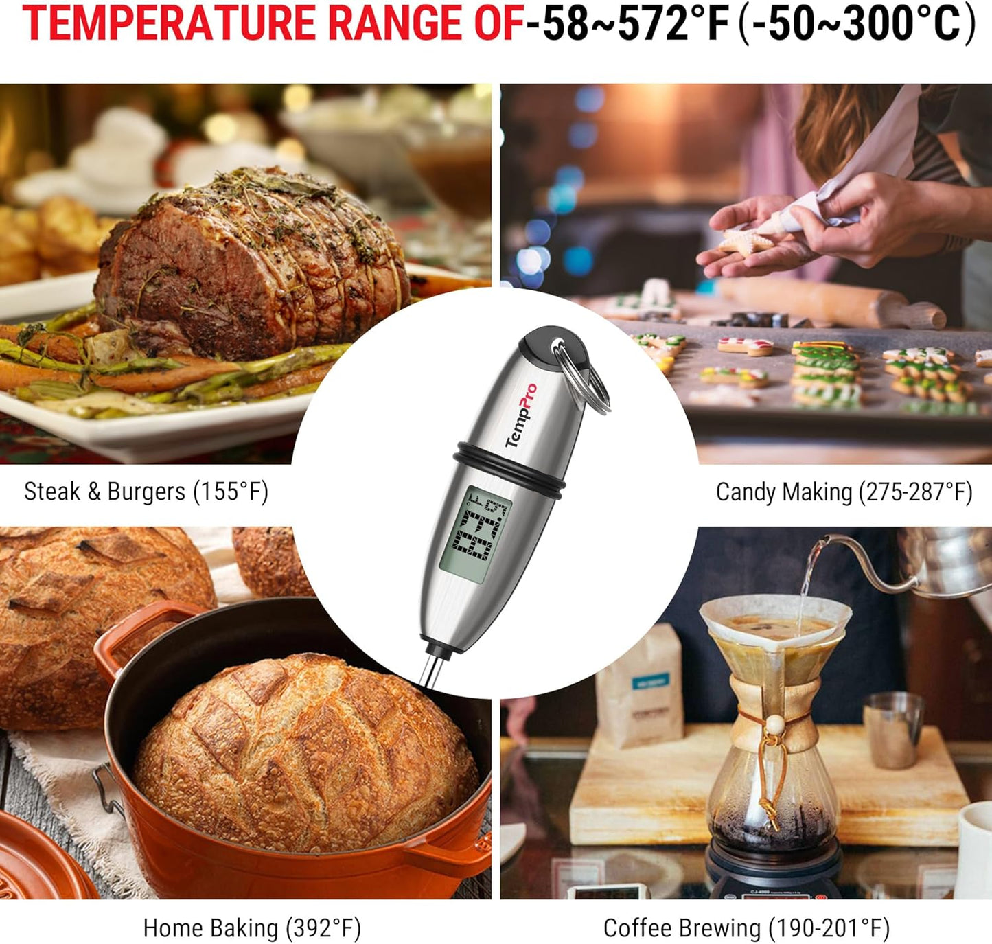 TempPro TP02S Digital Food Thermometer for Cooking Bread Baking Sourdough Liquids, Meat Thermometer Digital with Super Long Probe for Kitchen BBQ Yogurt Candy Making Accessory (Previously ThermoPro)