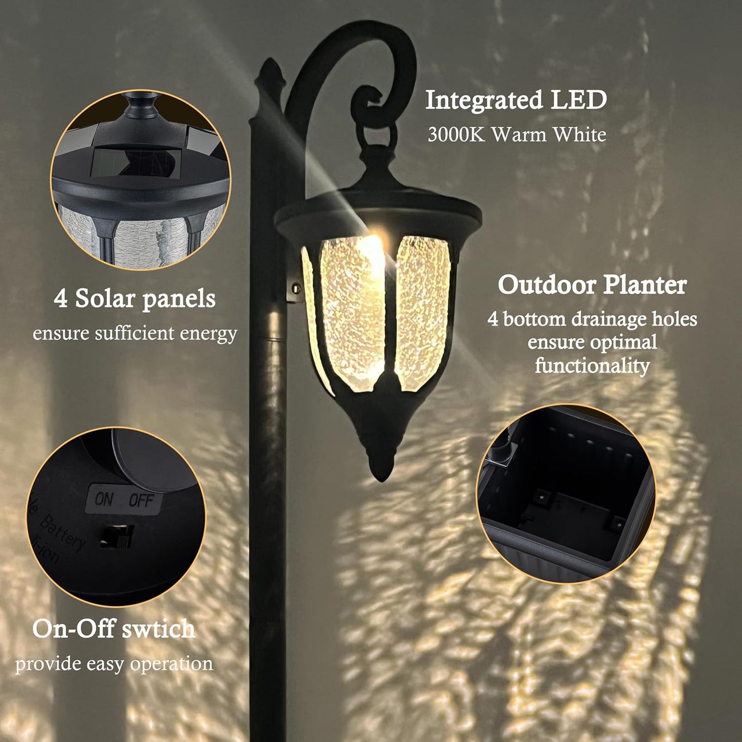 Solar Lamp Post Light with Planter, Outdoor Solar Lights with Crackle 