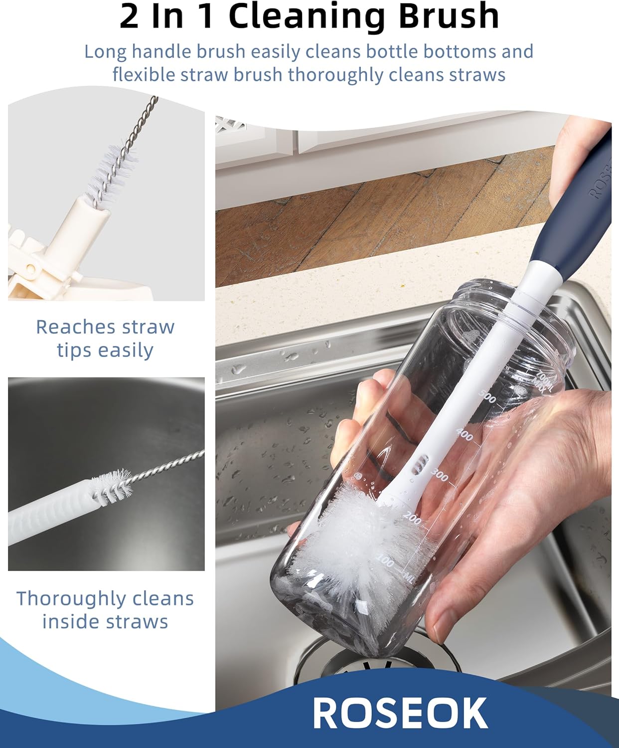 2 in 1 Long Handle Bottle Brush with Straw Brush for Cleaning Glass, S