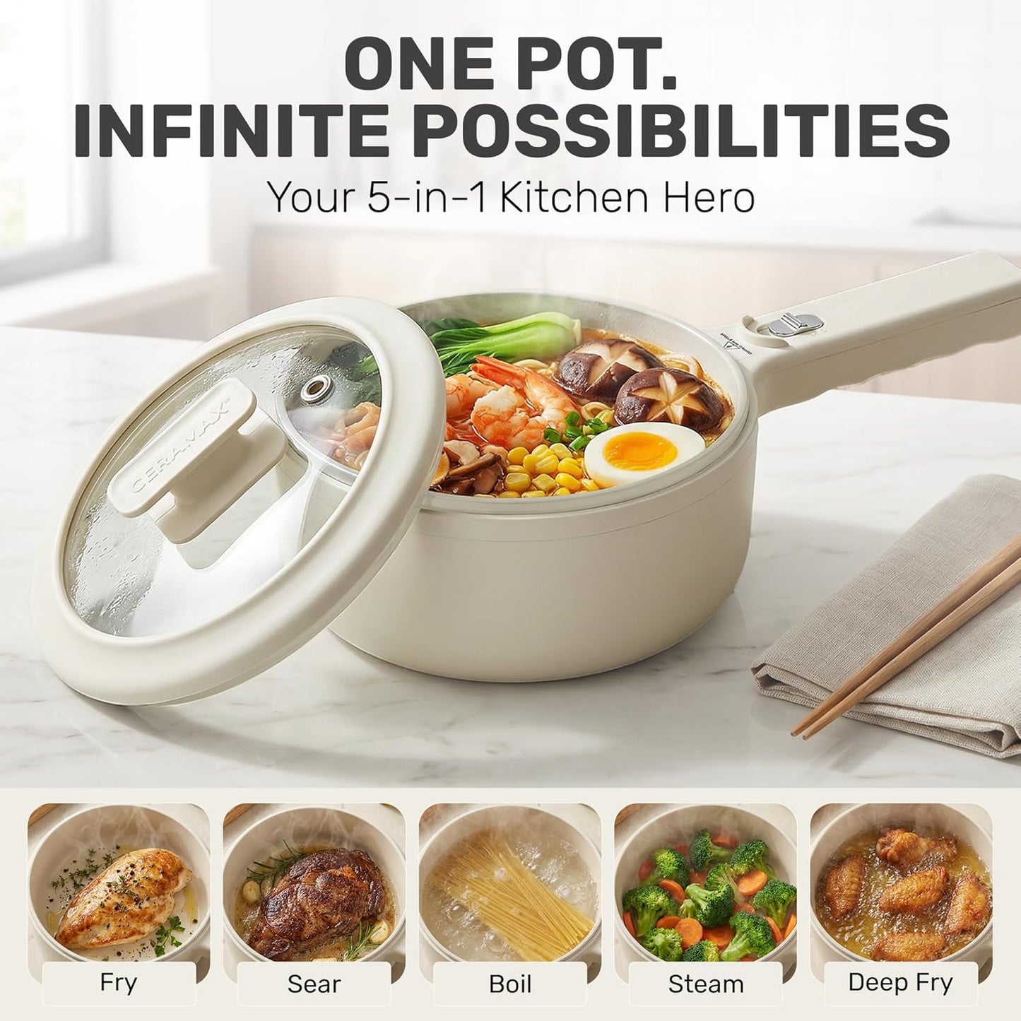 PRO 2.5L Electric Hot Pot with Lid & Steamer, All in 1 Non Toxic Ceramic Cooker Skillet Hotpot and Deep Fryer Pot for Ramen, for Dorms, Camping, RVs, Adjustable Temp. - New Improved 2026 Model