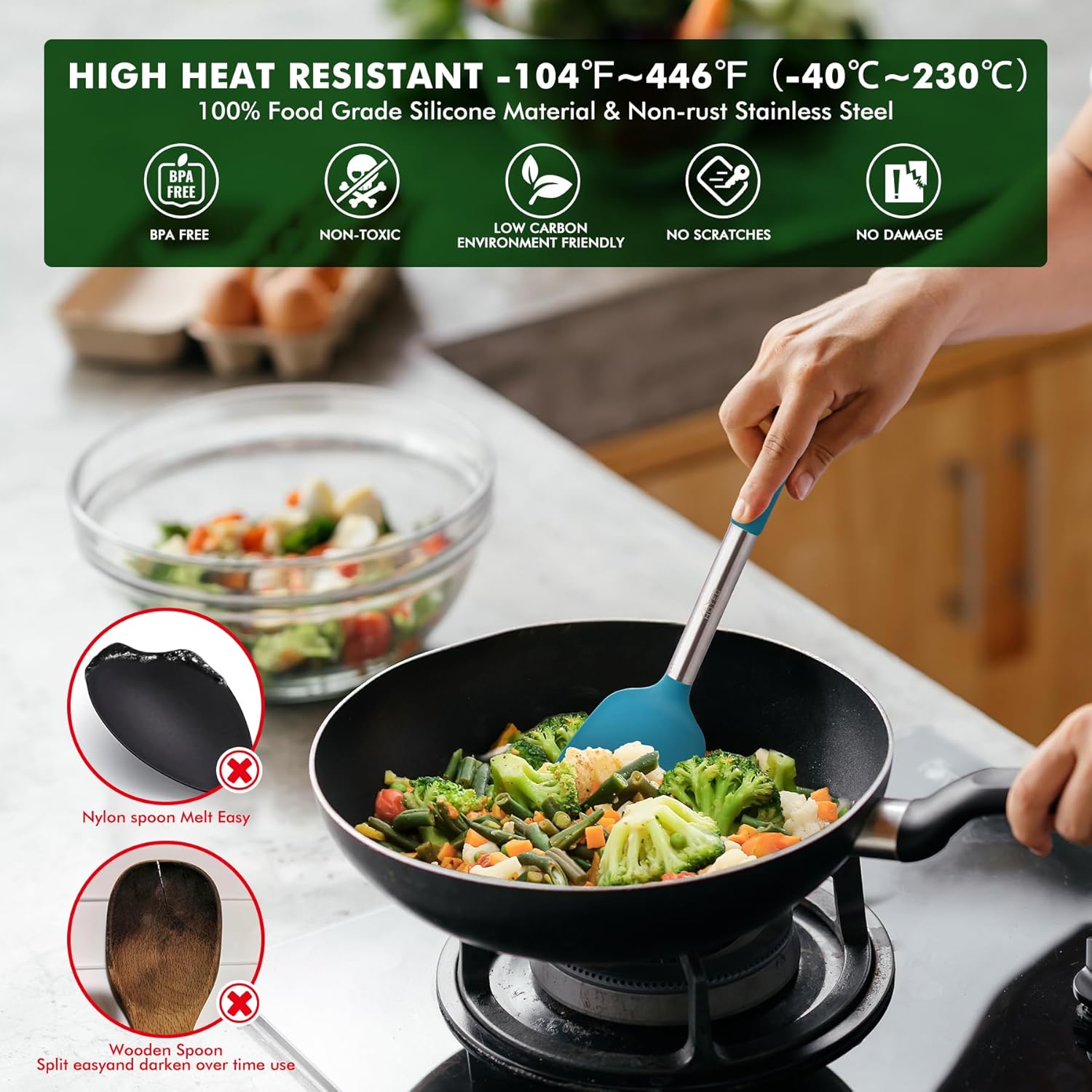 HOTEC 446°F Heat Resistant Silicone Kitchen Utensils, Cooking Utensil 
