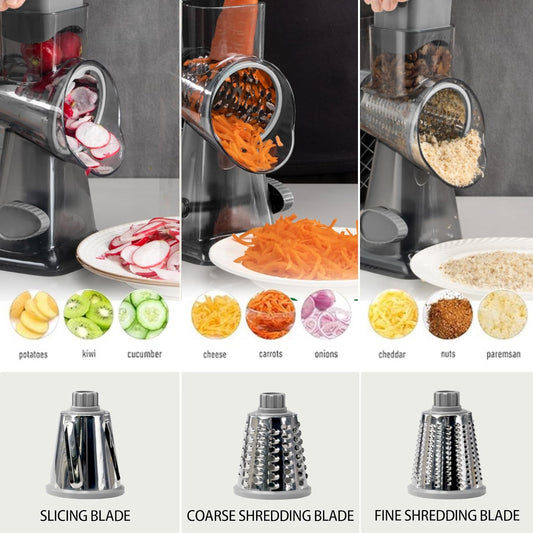 Cheese Grater Hand Crank Rotary Vegetables Shredder with Handle, 3-in-1 Graters with Interchangeable Blades and Non-slip Base Multifunctional Slicer for Kitchen
