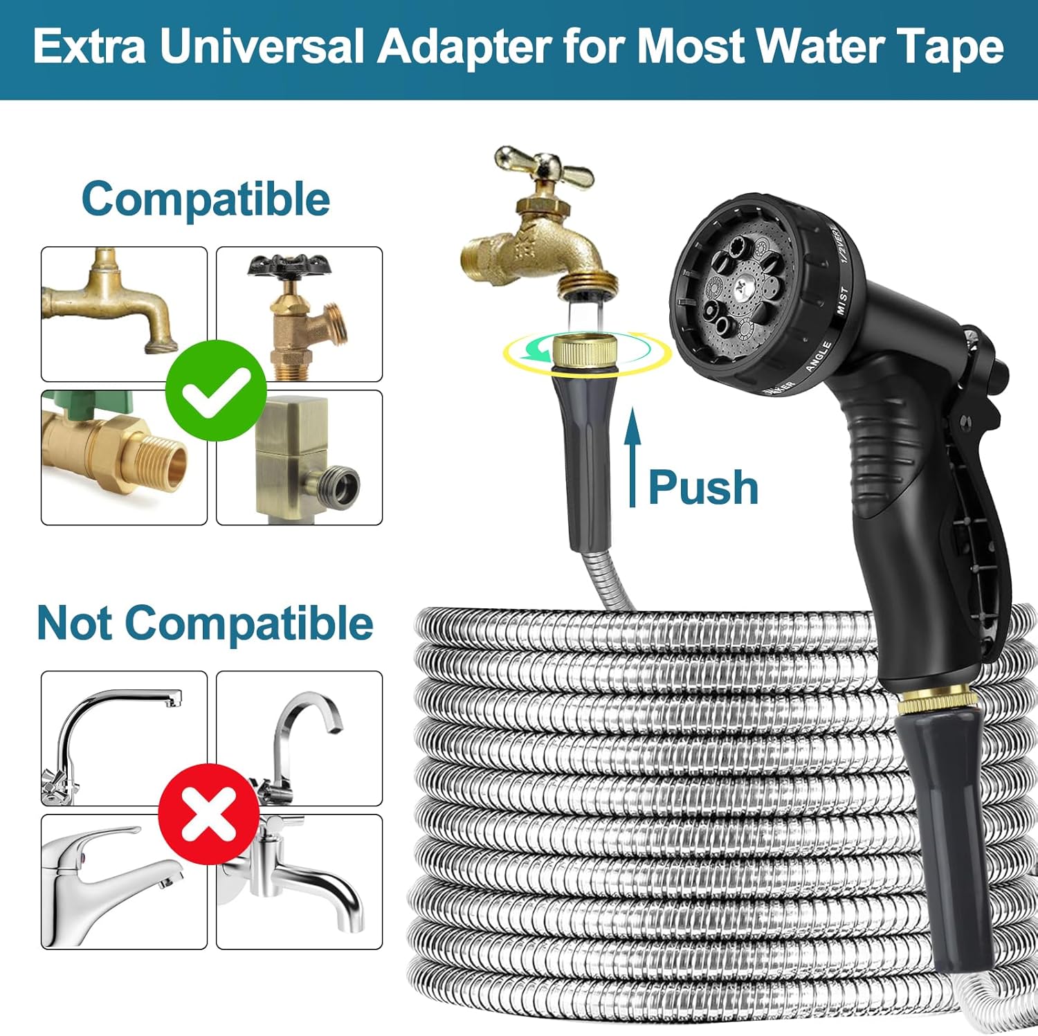 Stainless Steel Garden Hose 75ft Heavy Duty Metal Water Hoses with 10 