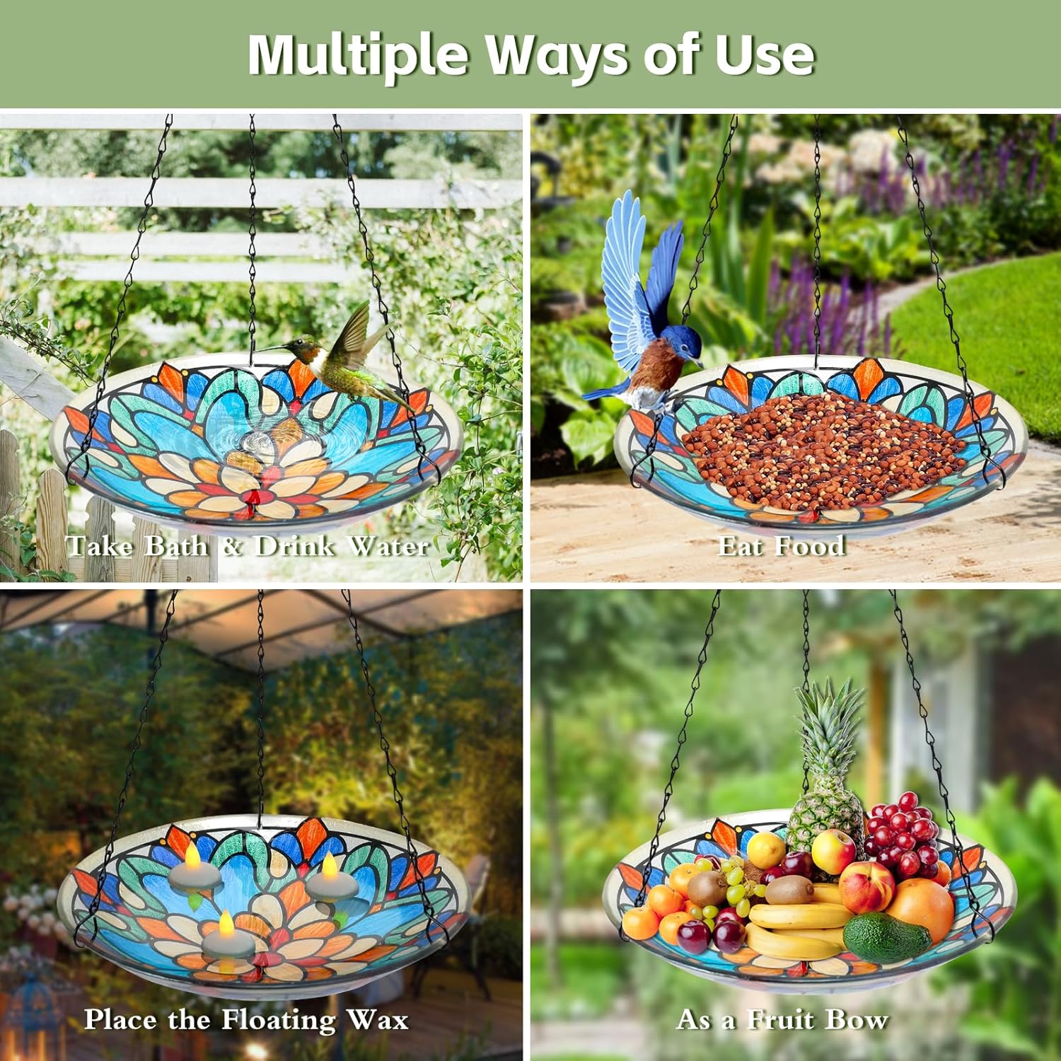 MUMTOP Hanging Bird Bath-Bird Baths for Outdoors - 12 Inch Glass Bird 