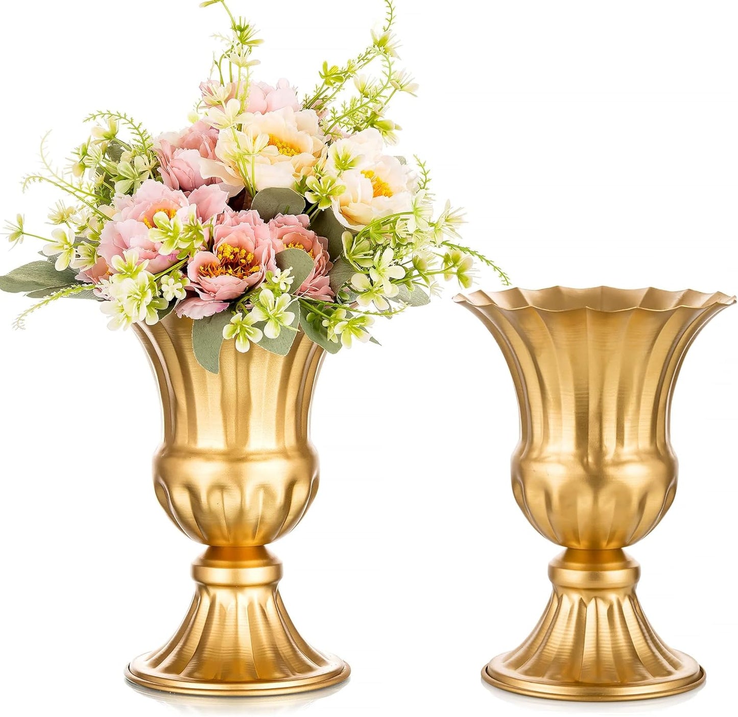 Sziqiqi Gold Flower Arrangements Vase for Wedding Table Centerpiece - 9in Metal Planter Vase Pot for Artificial Real Flower Small Trumpet Plant Urn for Garden