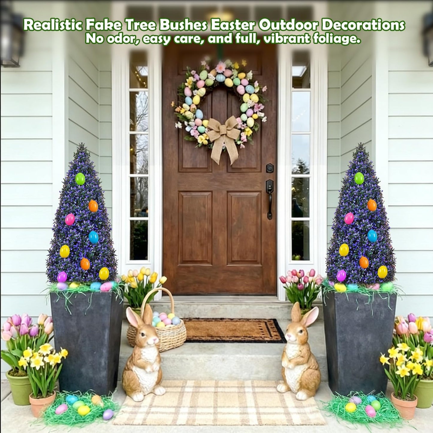Easter Artificial Topiary Lavender Tree Plants Tree with Coloful Eggs, 3FT Outdoor Fake Boxwood with Planter & Spikes, UV Resistant Faux Greenery for Indoor Porch Office Spring Decor- Purple