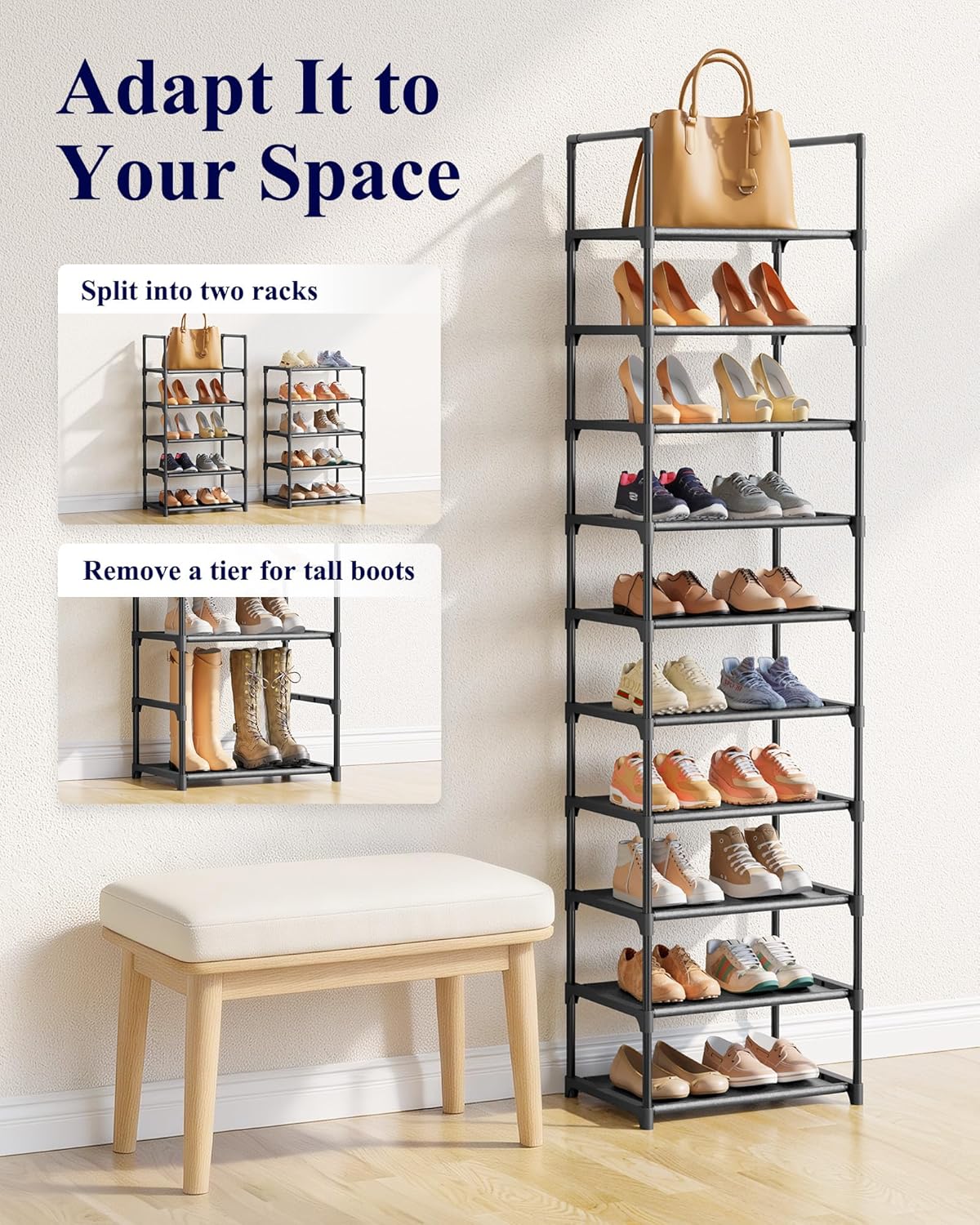 Kitsure Shoe Rack - 10-Tier Shoe Organizer with Detachable Fabric Shelves & Metal Frame, Tall Shoe Rack for Closet, Entrance, Living Room, 16.9" Wide - 10 Tier, Black